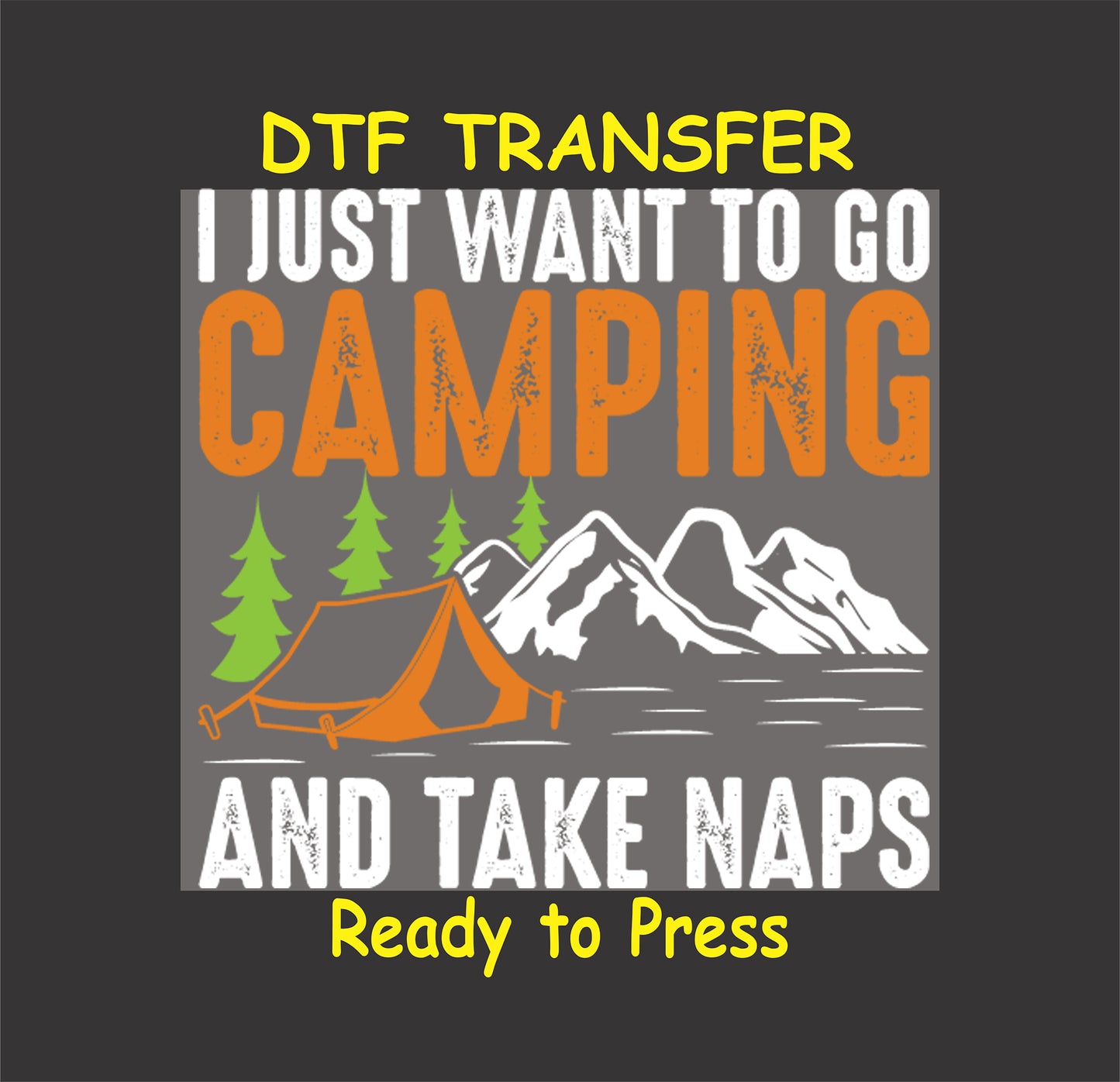 Camping and naps phrase with tent, trees, and mountain illustration.