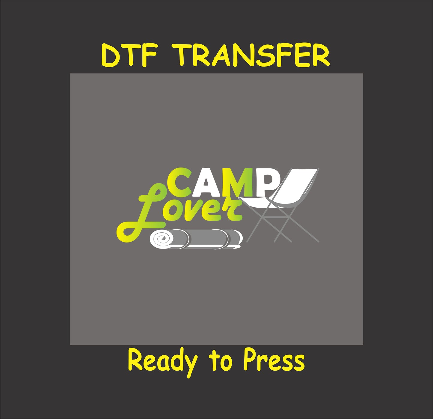 Camp Lover DTF transfer with chair and mat illustration in green and white.