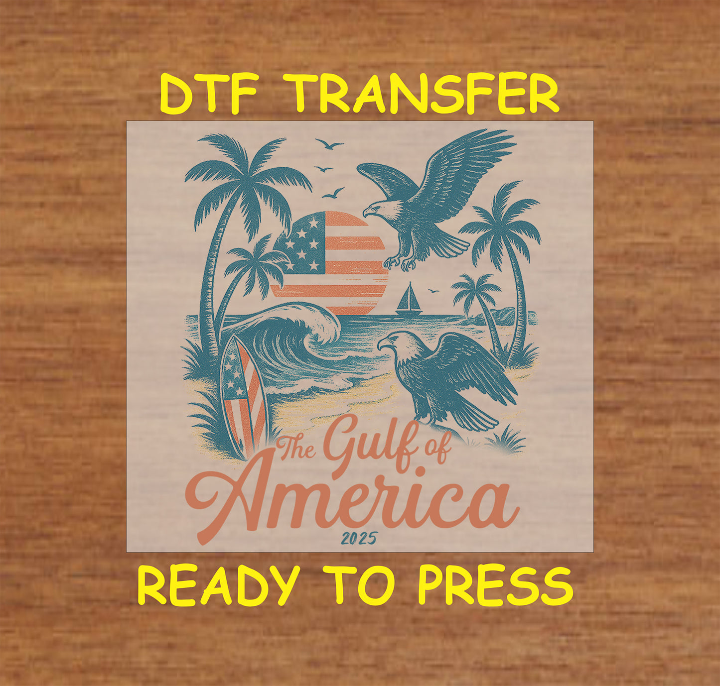 DTF transfer with eagles, palm trees, ocean waves, and American flag sunset.