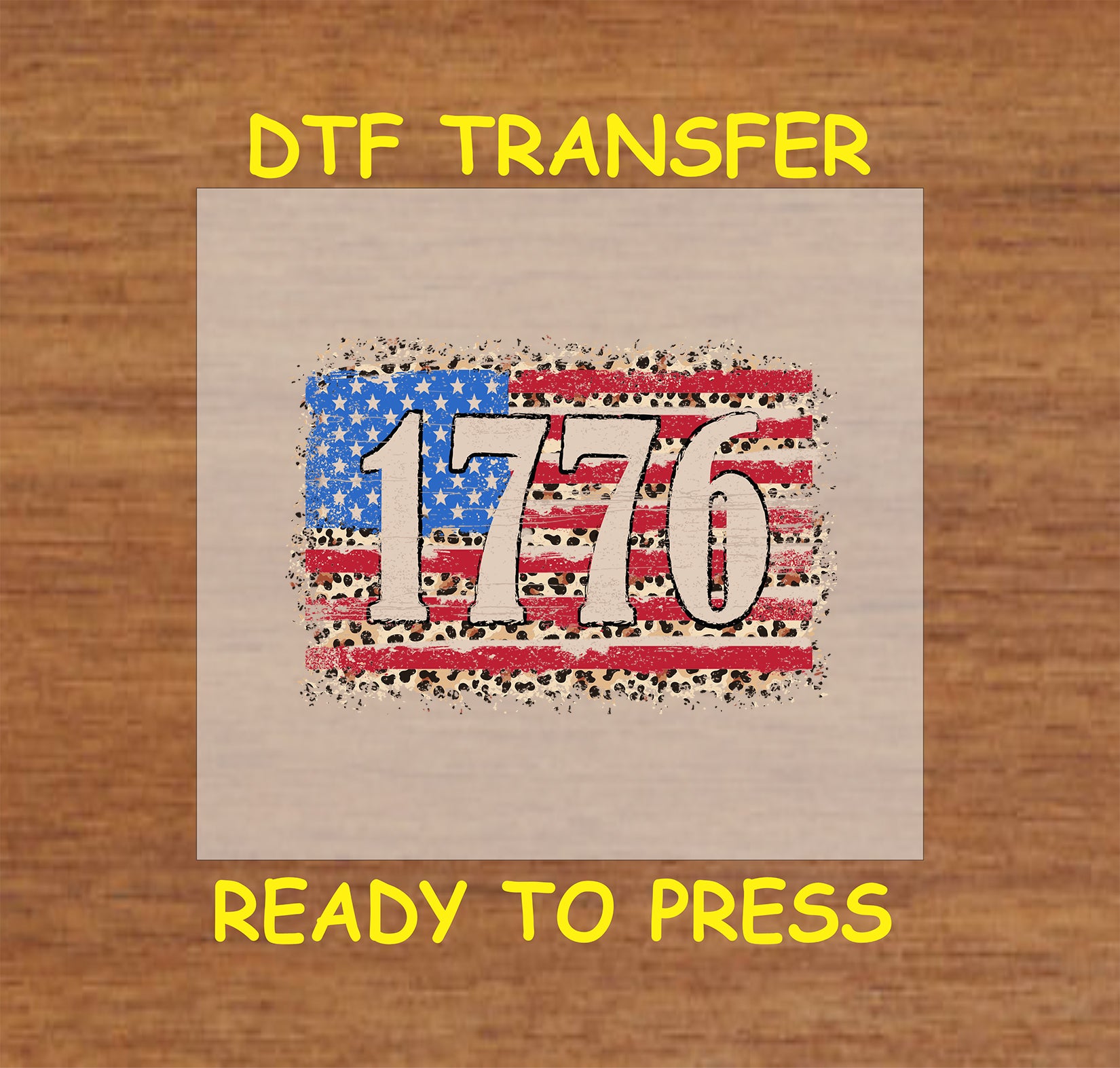 1776 DTF transfer with leopard print American flag background.