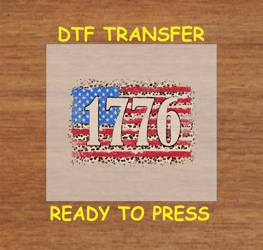 1776 DTF transfer with leopard print American flag background.