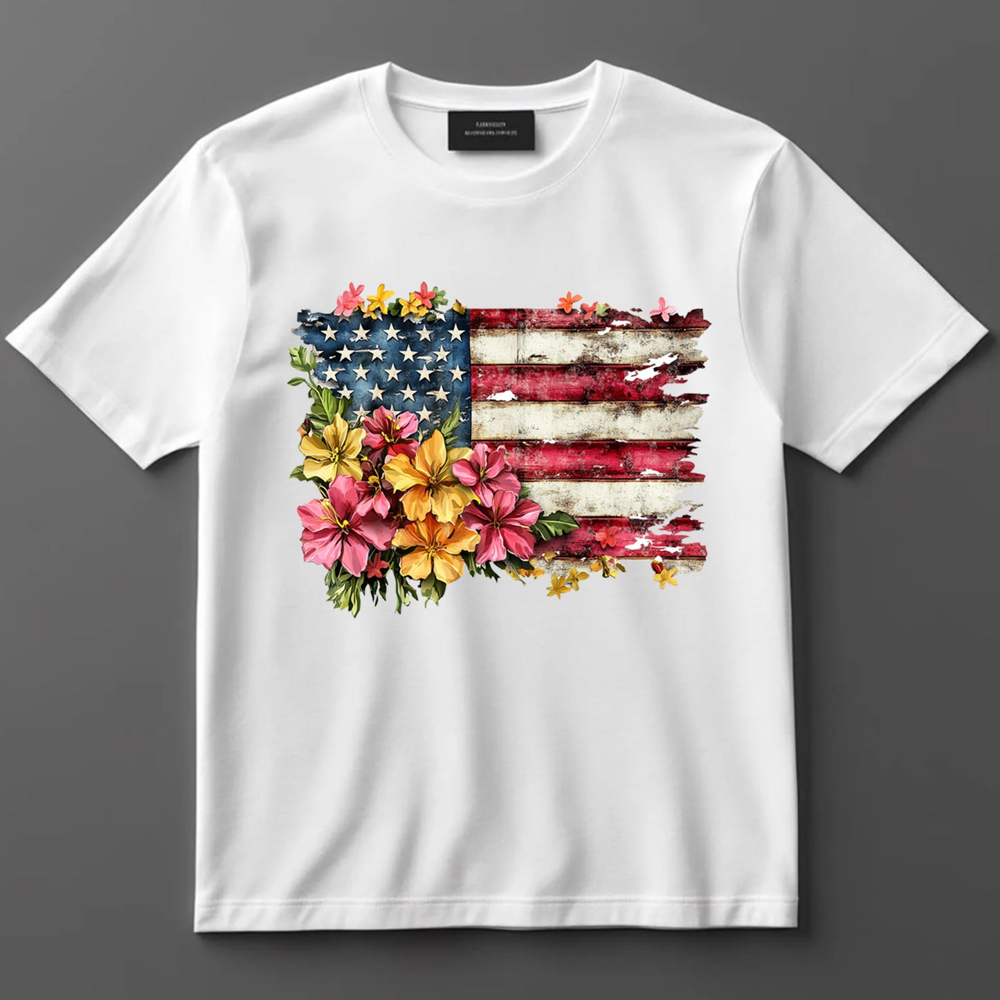 4th Of July DTF Transfer Iron On Heat Transfer - Ready to Press, Floral American Flag DTF Transfer 7156