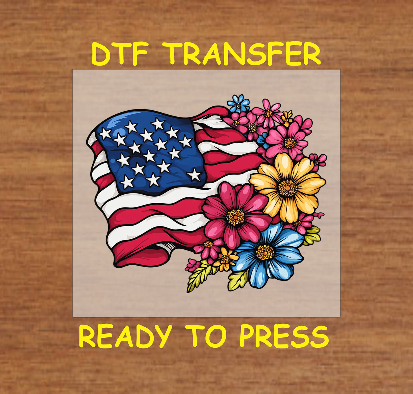 Waving American flag with colorful flowers in a DTF transfer.