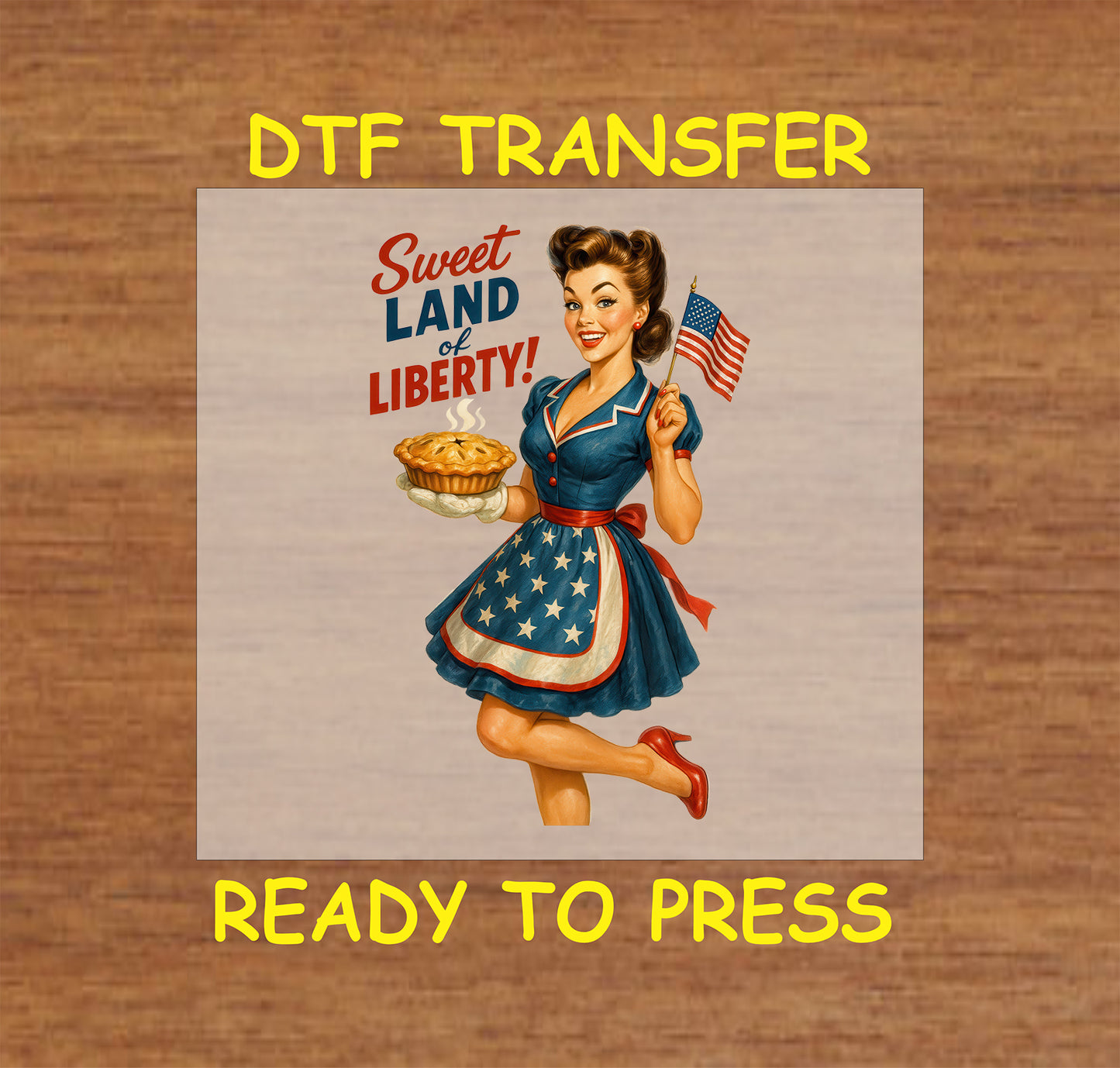 Retro woman holding pie and USA flag with Sweet Land of Liberty text.