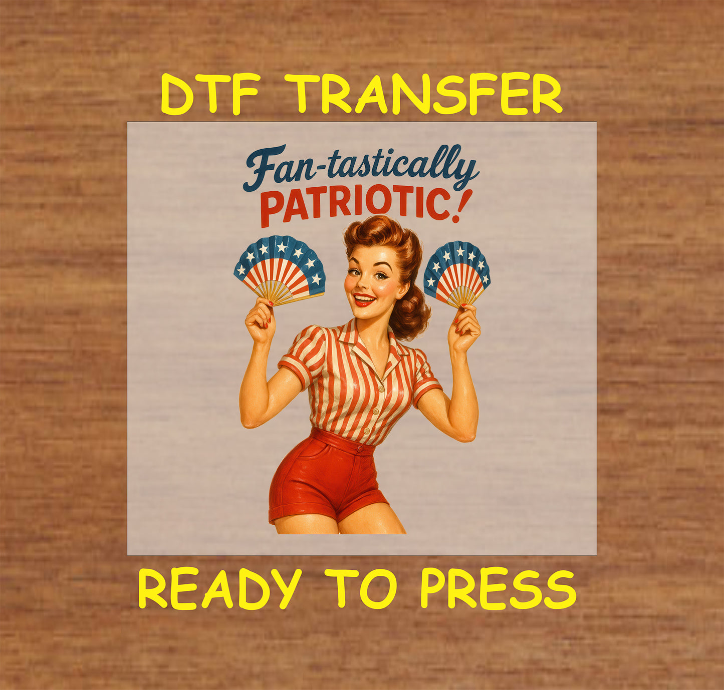 Retro woman holding patriotic fans with Fan-tastically Patriotic text.