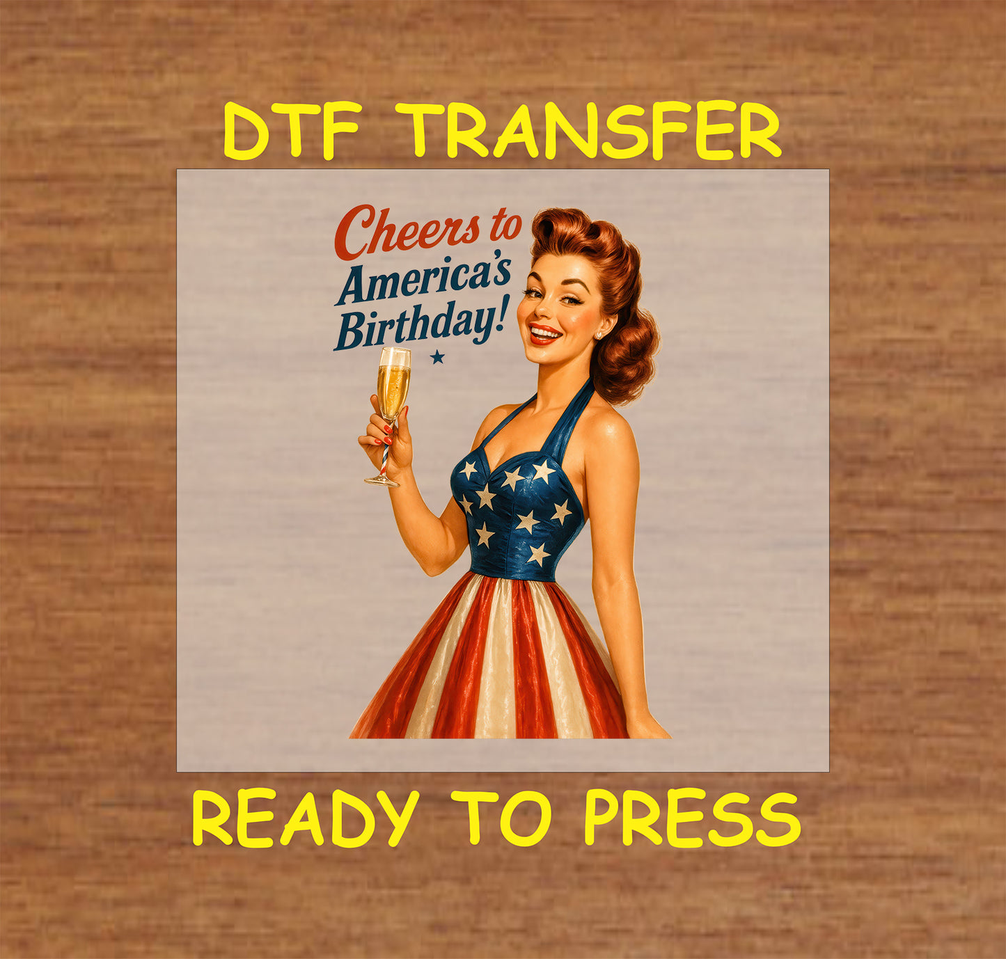 Retro woman in patriotic dress holding champagne with Cheers to America's Birthday text.