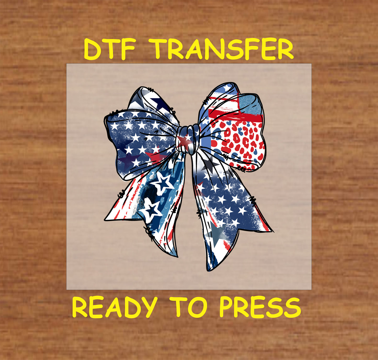 Patriotic bow with stars, stripes, and red leopard print accents.