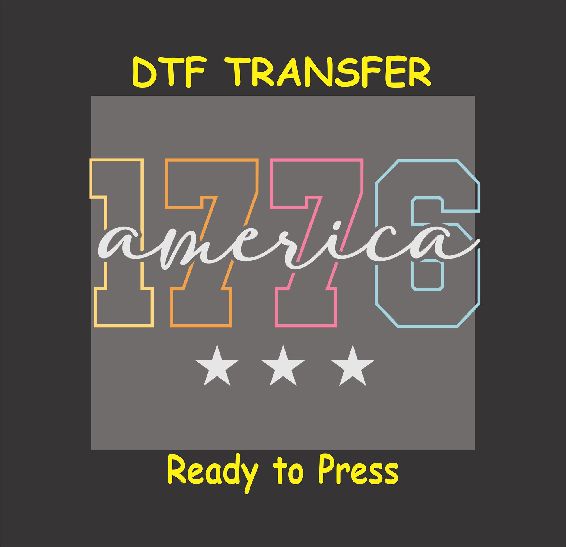 Neon outline 1776 with america script and stars in patriotic DTF transfer.