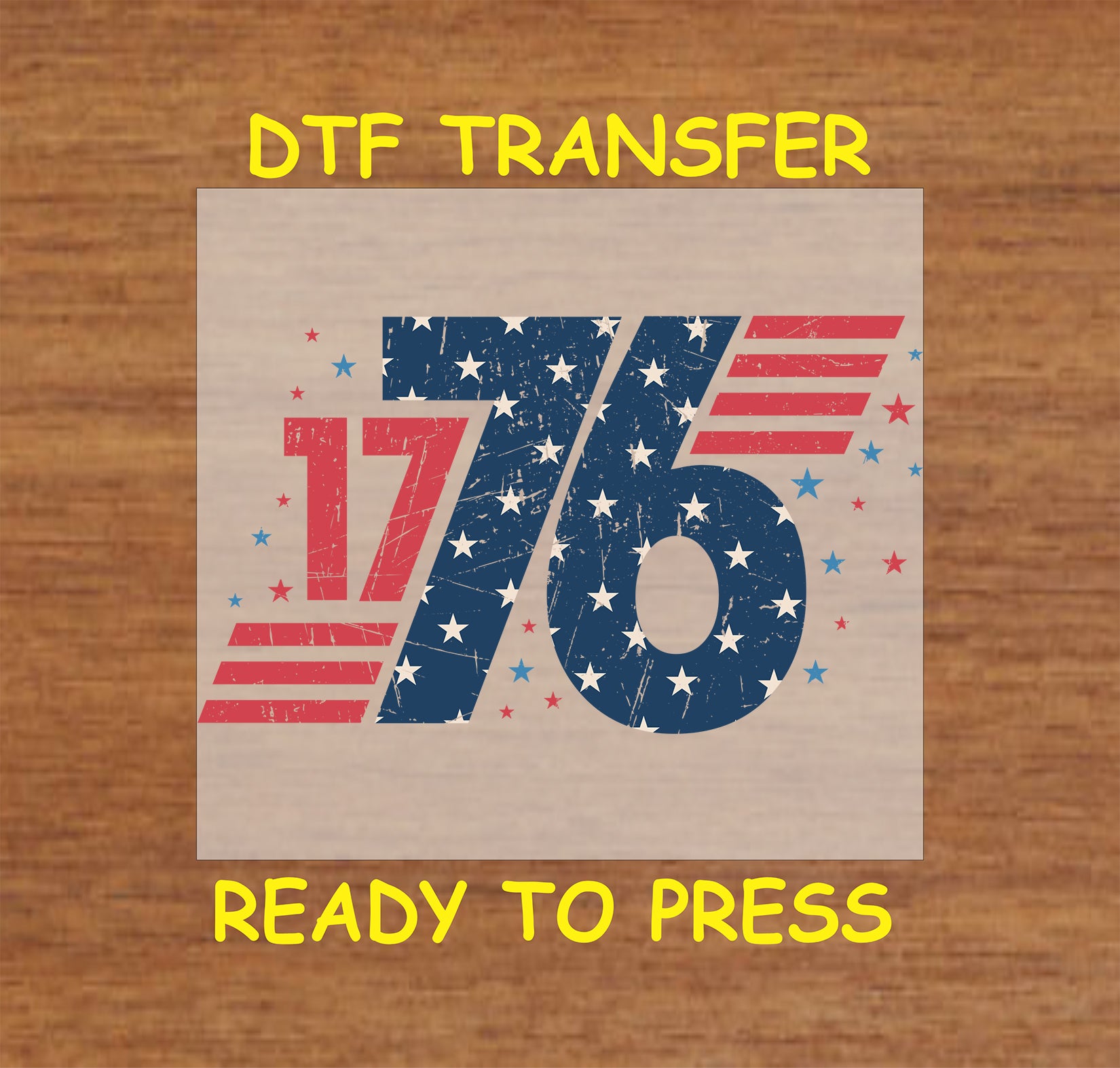 Distressed 1776 DTF transfer with red stripes and white stars.