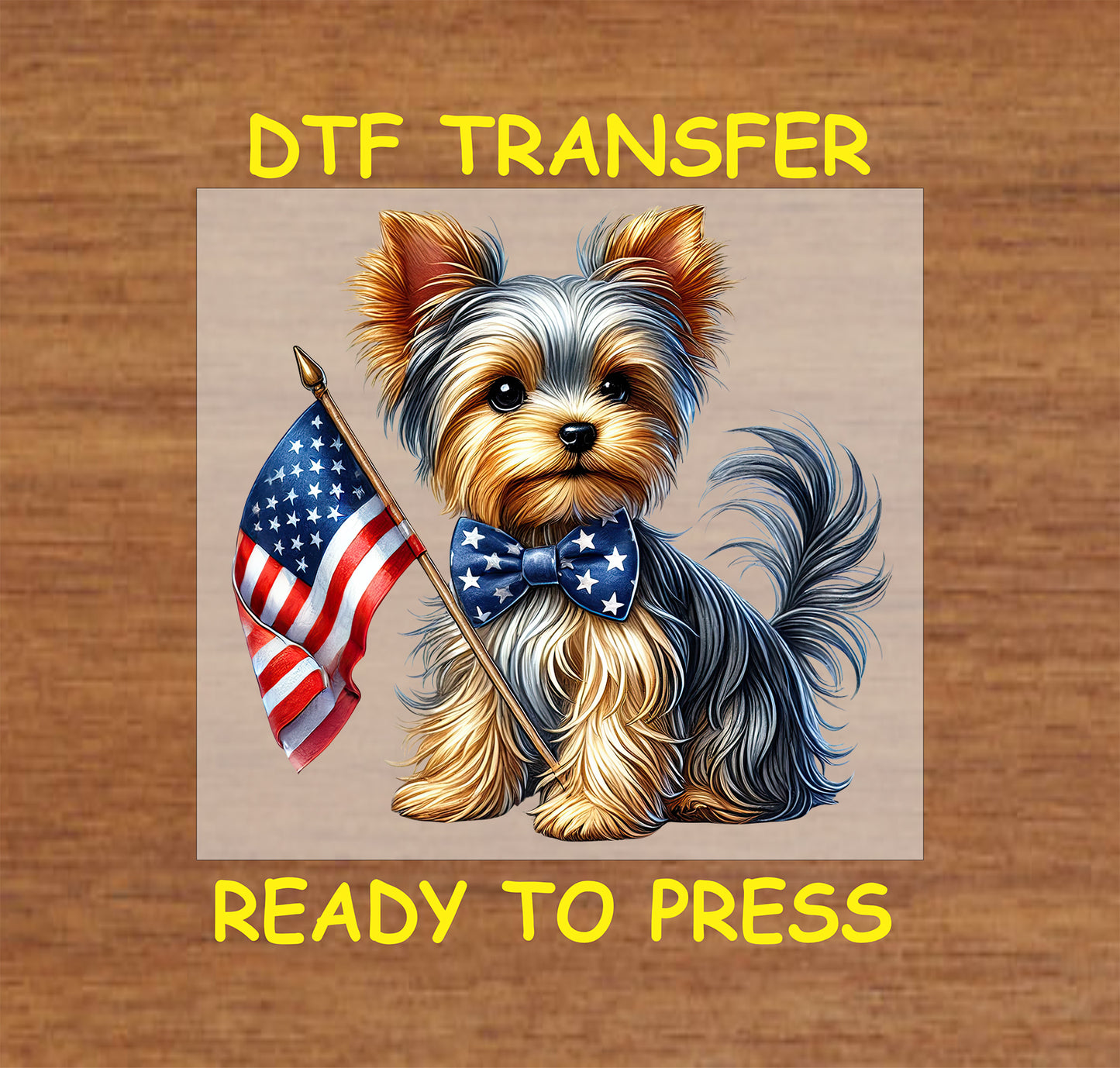 Yorkie dog holding American flag wearing star bowtie.