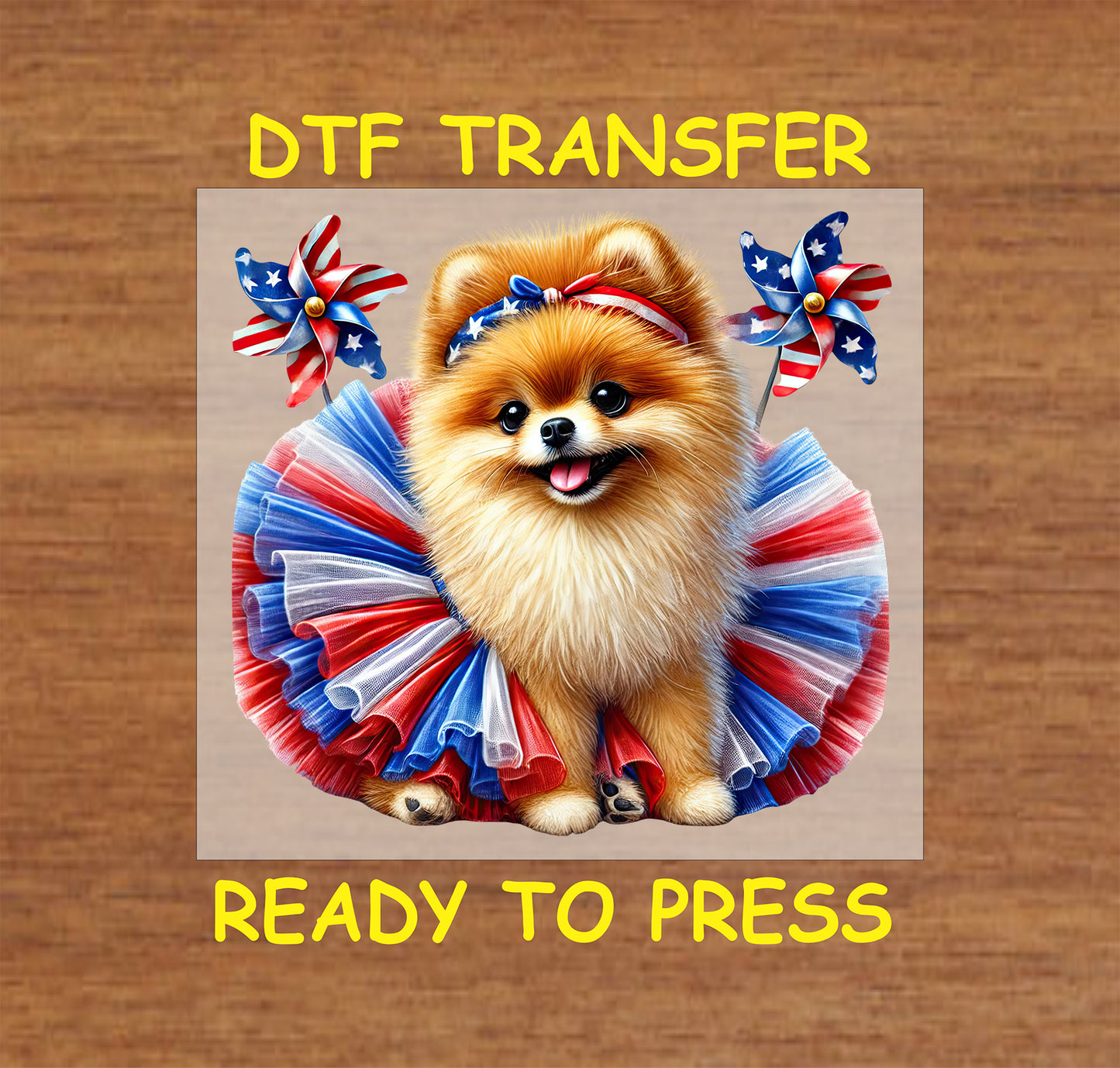 Pomeranian in red white blue tutu with patriotic pinwheels.