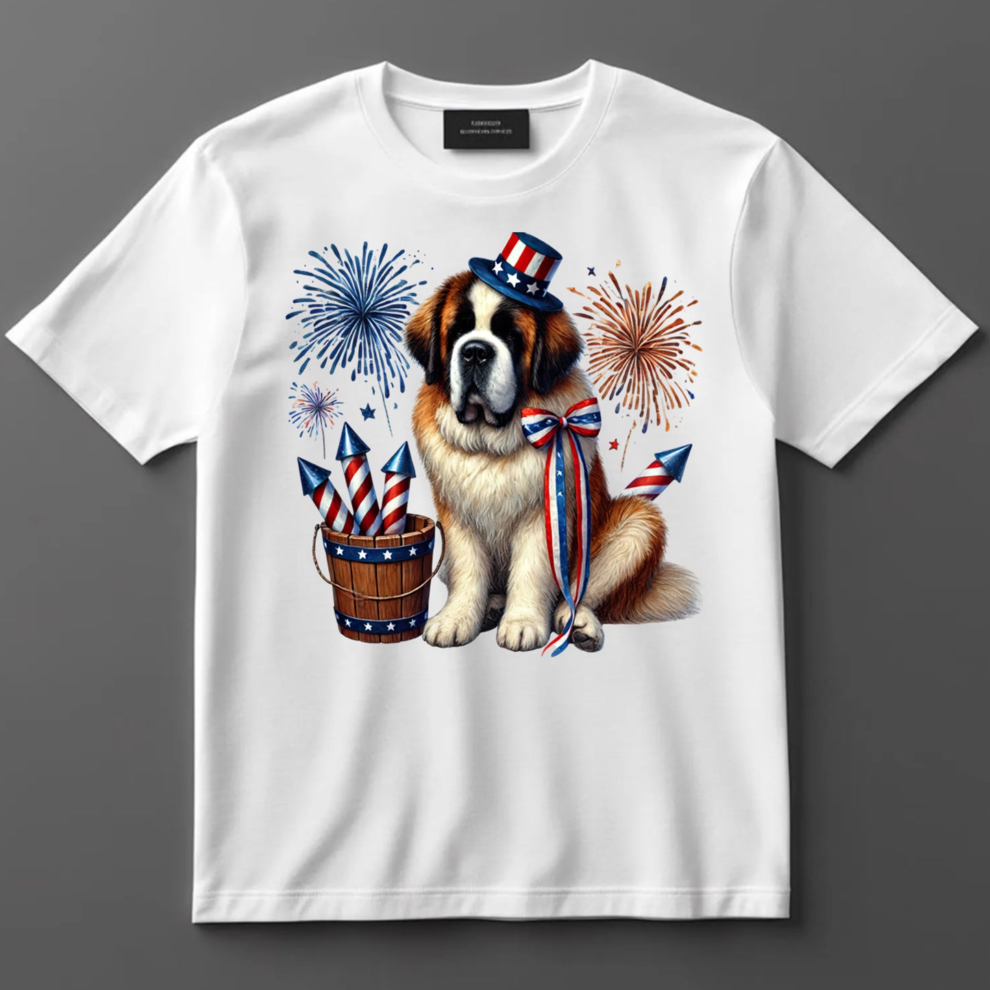 4th Of July DTF Transfer Iron On Heat Transfer - Ready to Press, St. Bernard with Fireworks DTF Transfer 7210