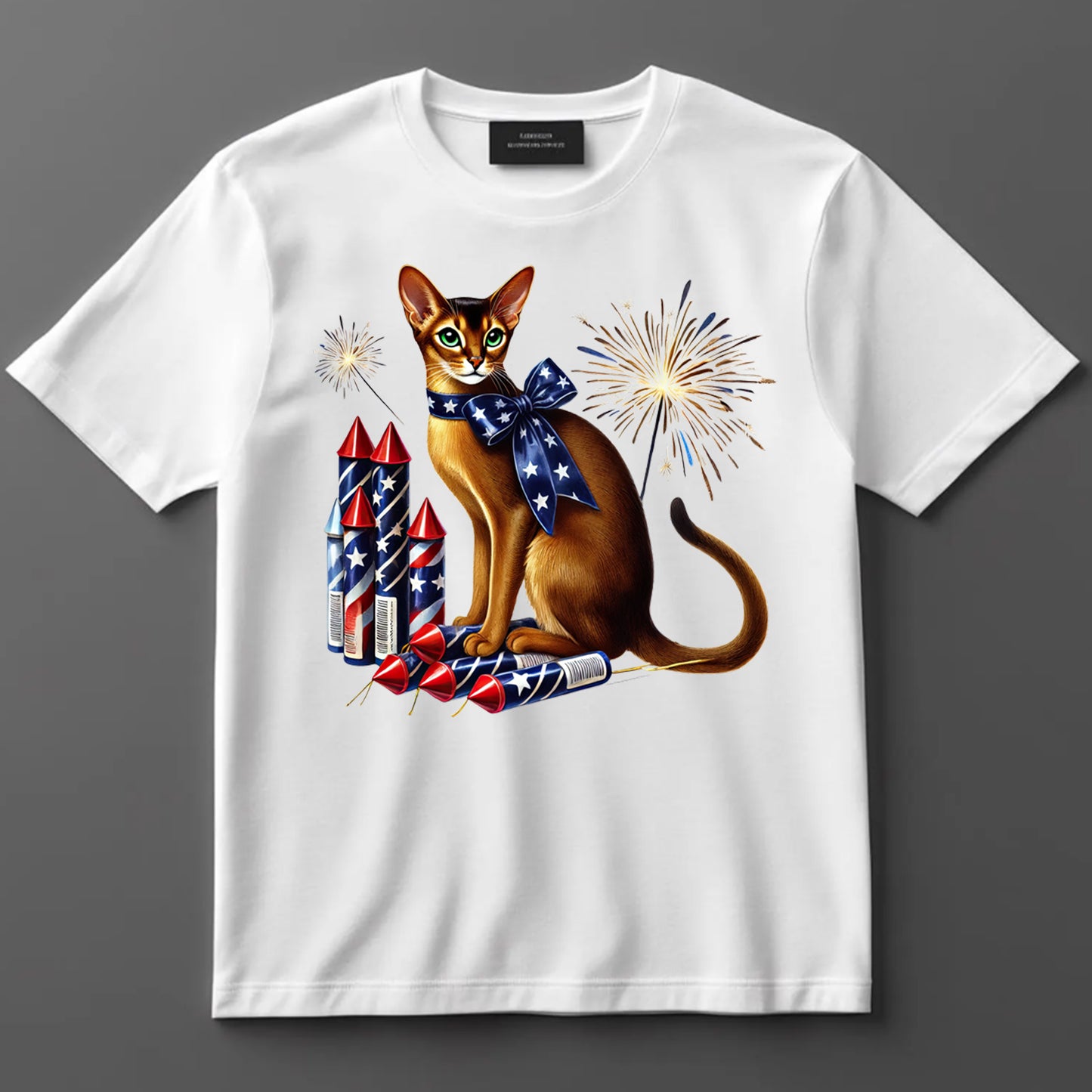 4th Of July DTF Transfer Iron On Heat Transfer - Ready to Press, Patriotic Cat with Fireworks DTF Transfer 7219
