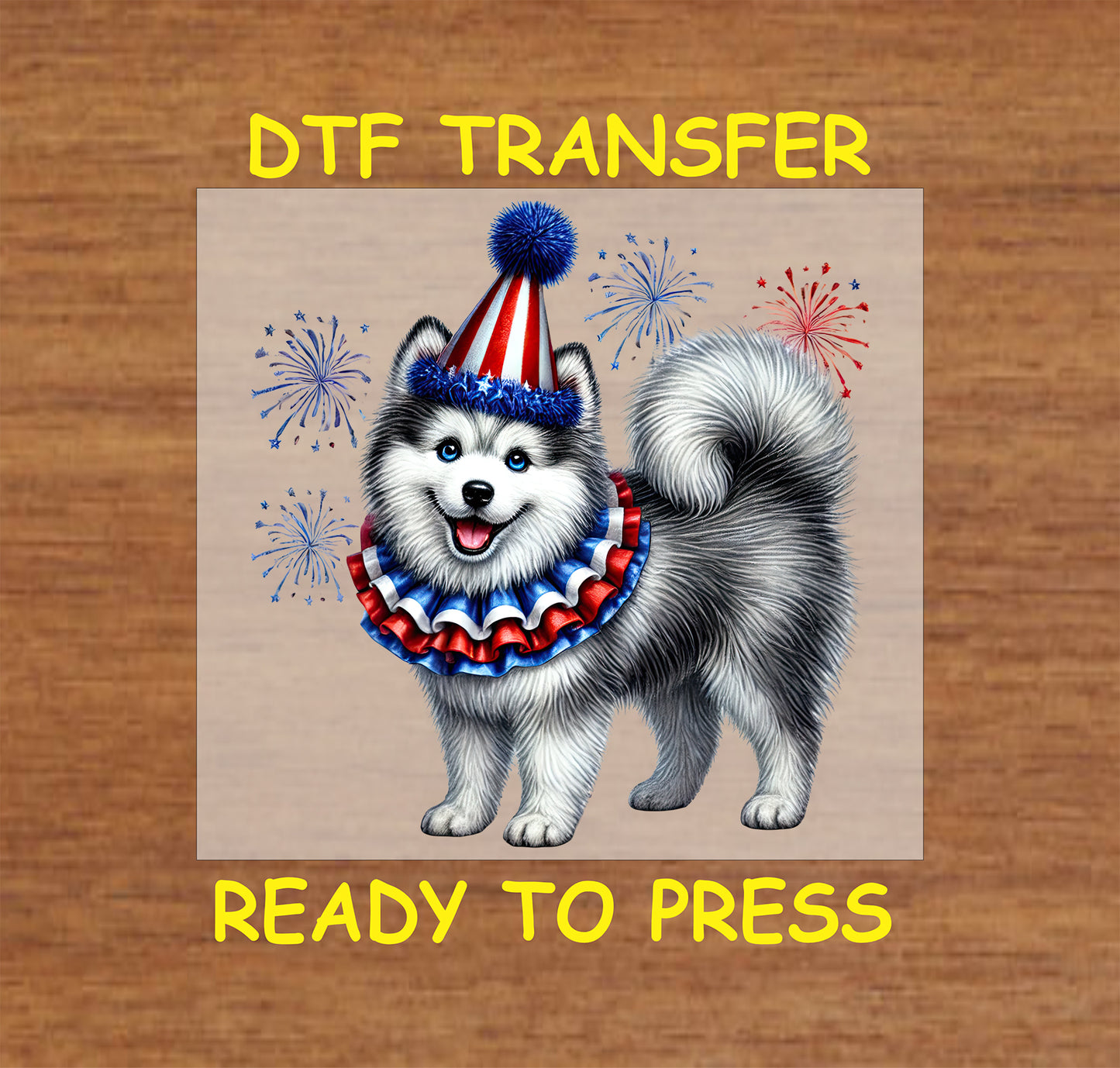 Fluffy dog in party hat with ruffle collar and fireworks background for 4th of July.