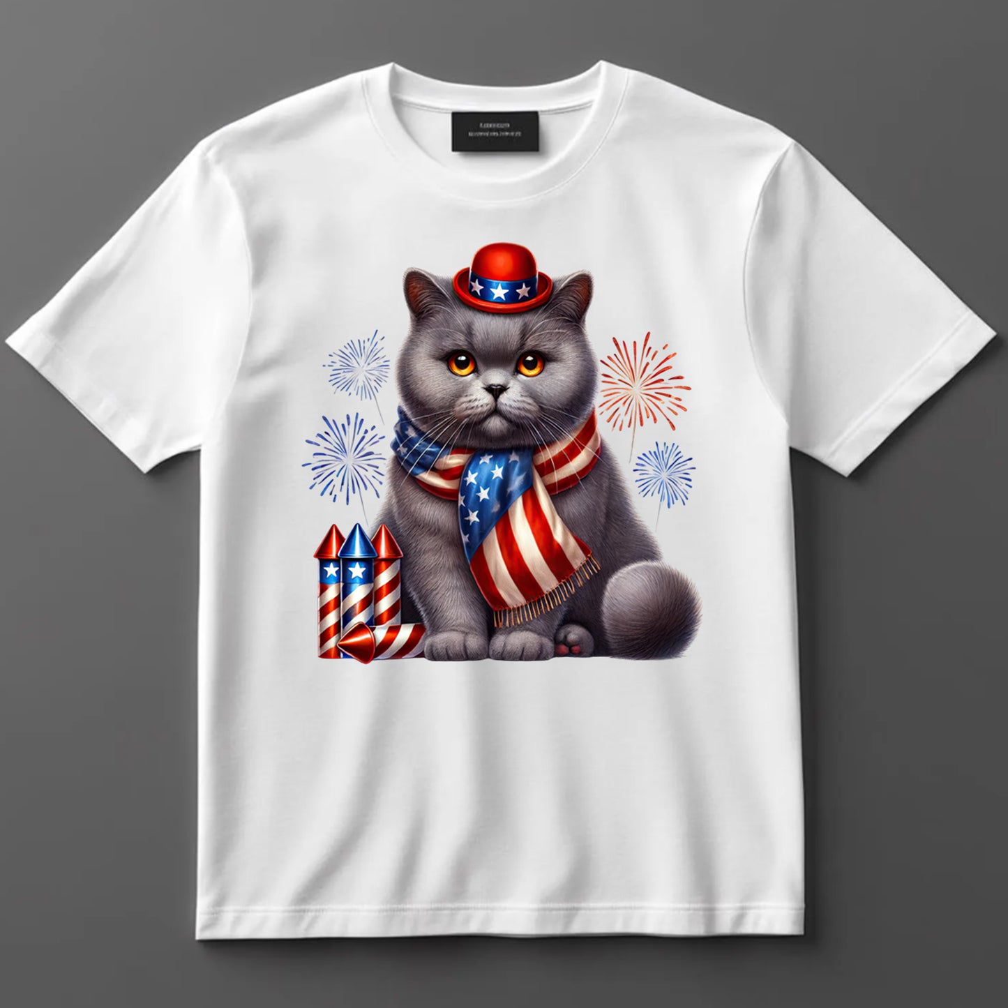 4th Of July DTF Transfer Iron On Heat Transfer - Ready to Press, Patriotic Gray Cat DTF Transfer 7223