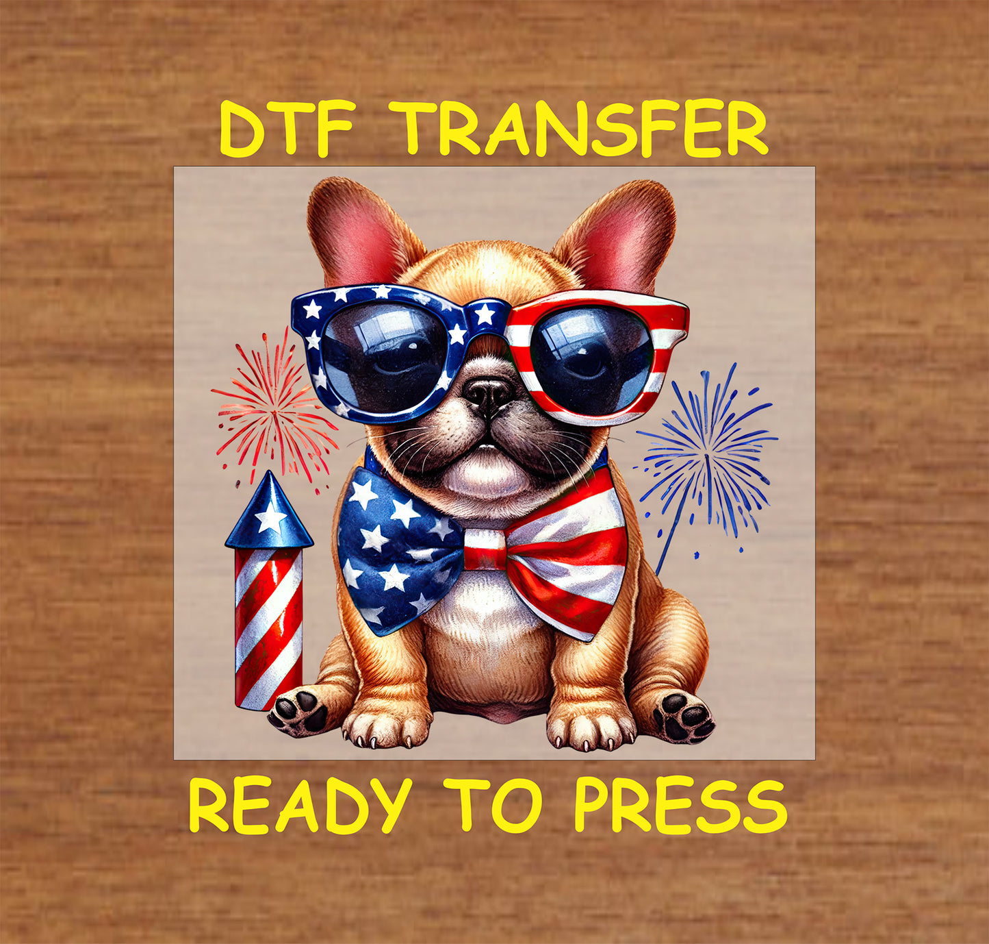 French Bulldog with patriotic sunglasses and bowtie, fireworks, and rocket DTF transfer.