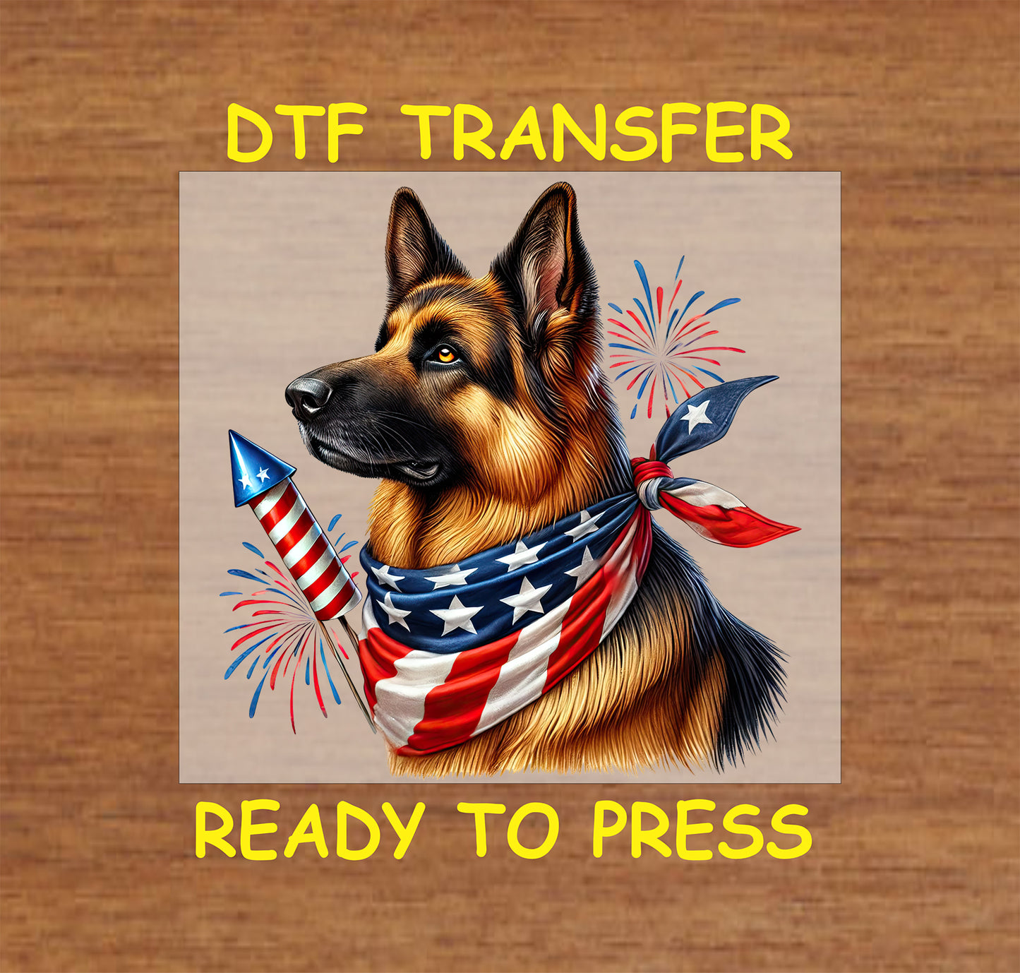German Shepherd with American flag scarf, fireworks, and rocket DTF transfer.