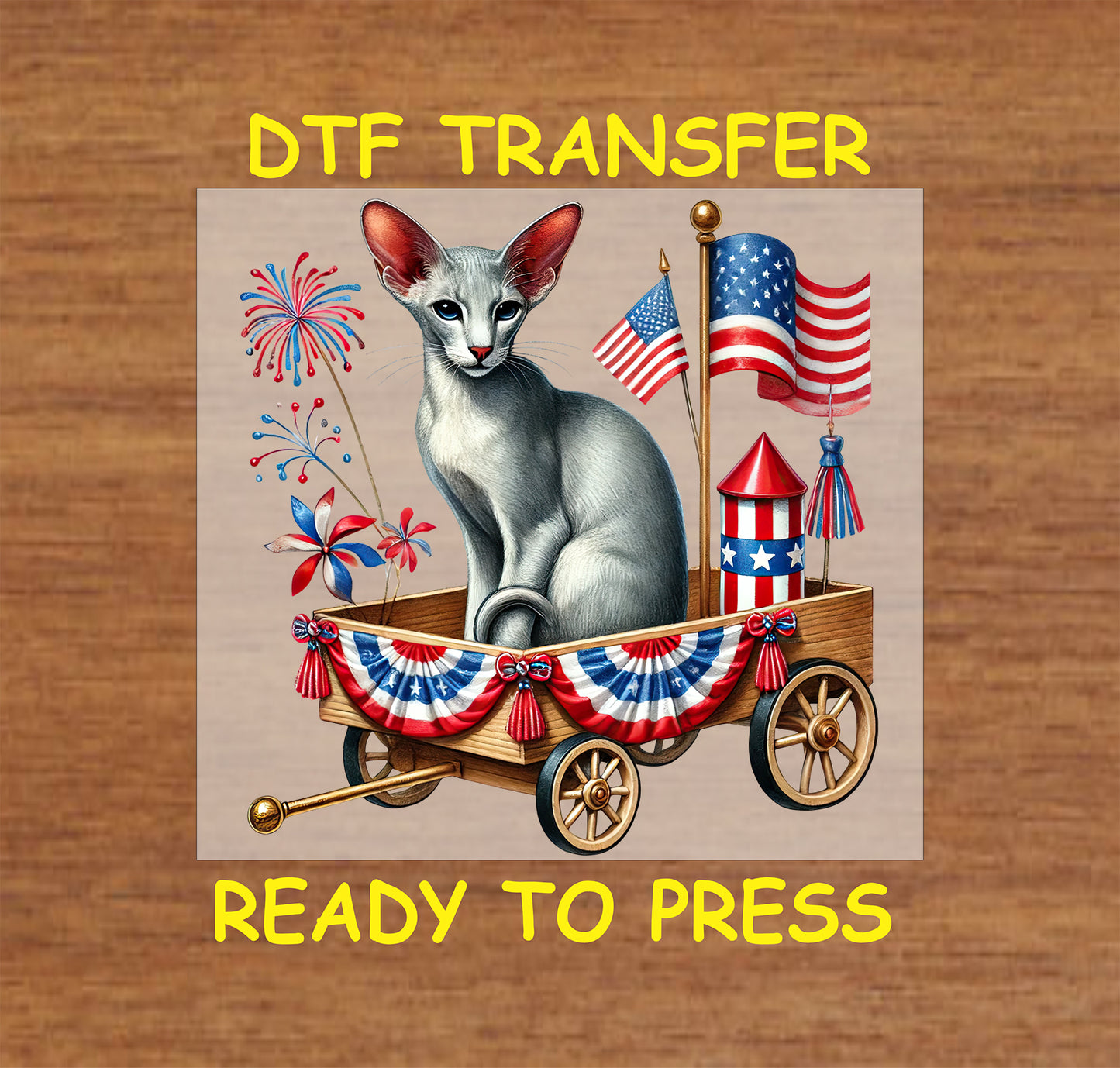 Sphinx cat in patriotic wagon with flags, fireworks, and pinwheels DTF transfer.