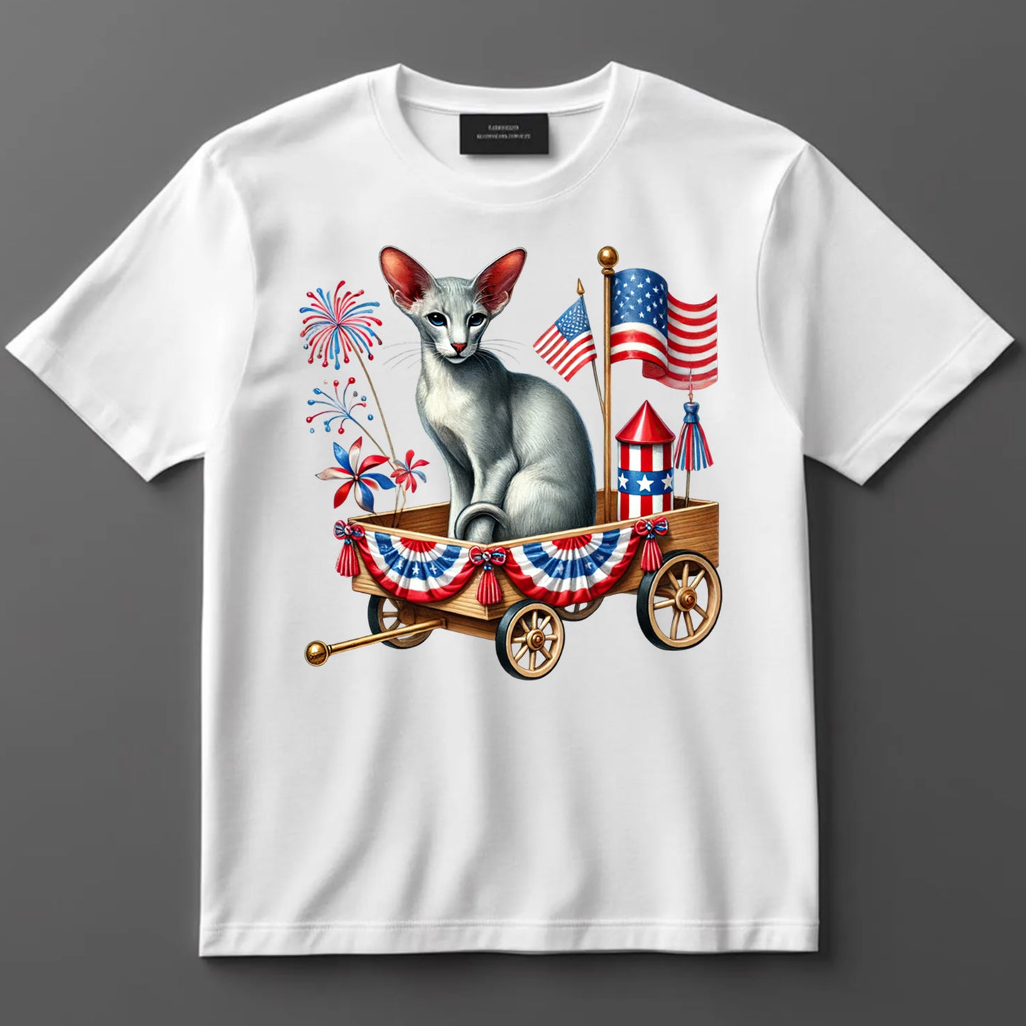 4th Of July DTF Transfer Iron On Heat Transfer - Ready to Press, Sphinx Cat in Patriotic Wagon DTF Transfer 7231