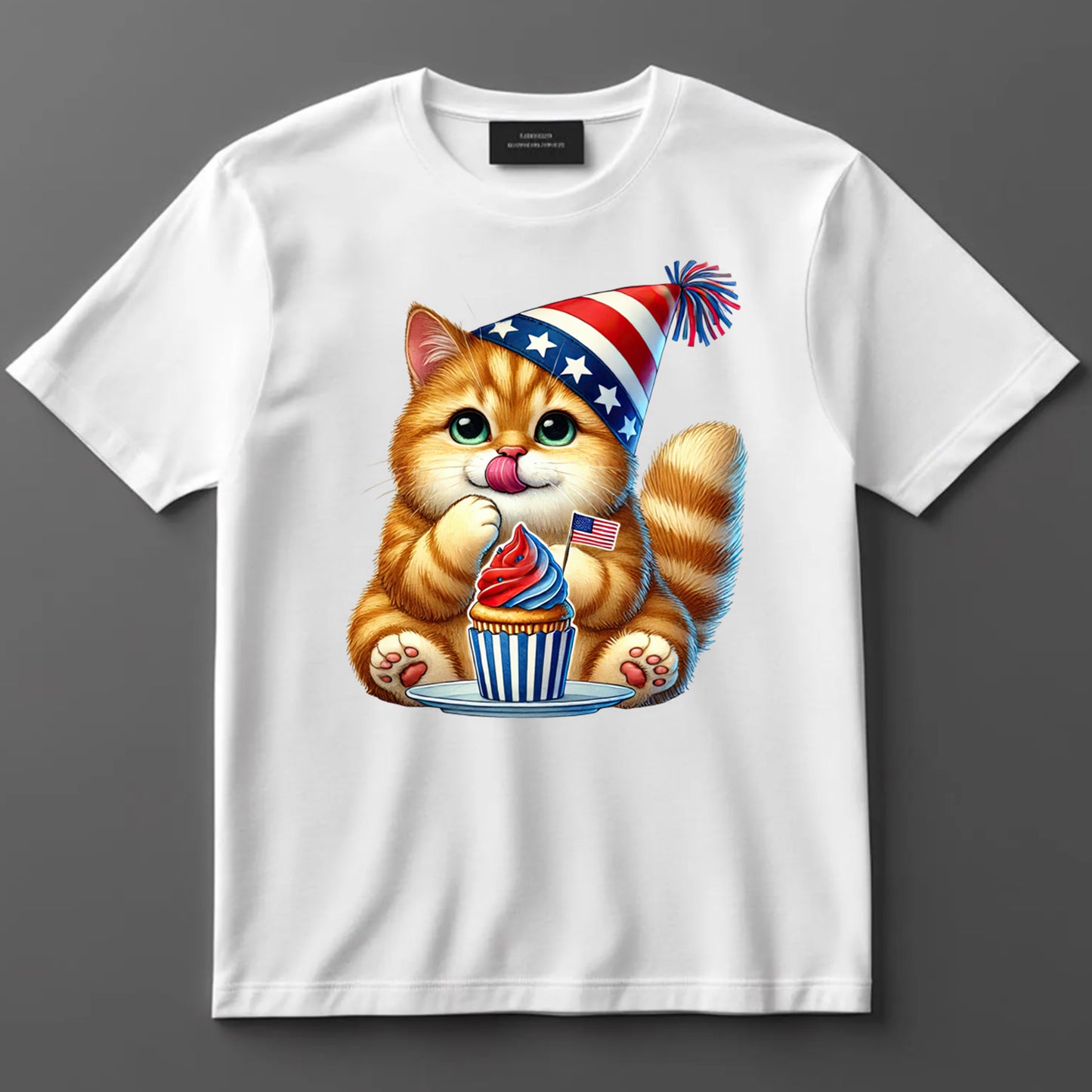 4th Of July DTF Transfer Iron On Heat Transfer - Ready to Press, Orange Cat with Cupcake DTF Transfer 7237