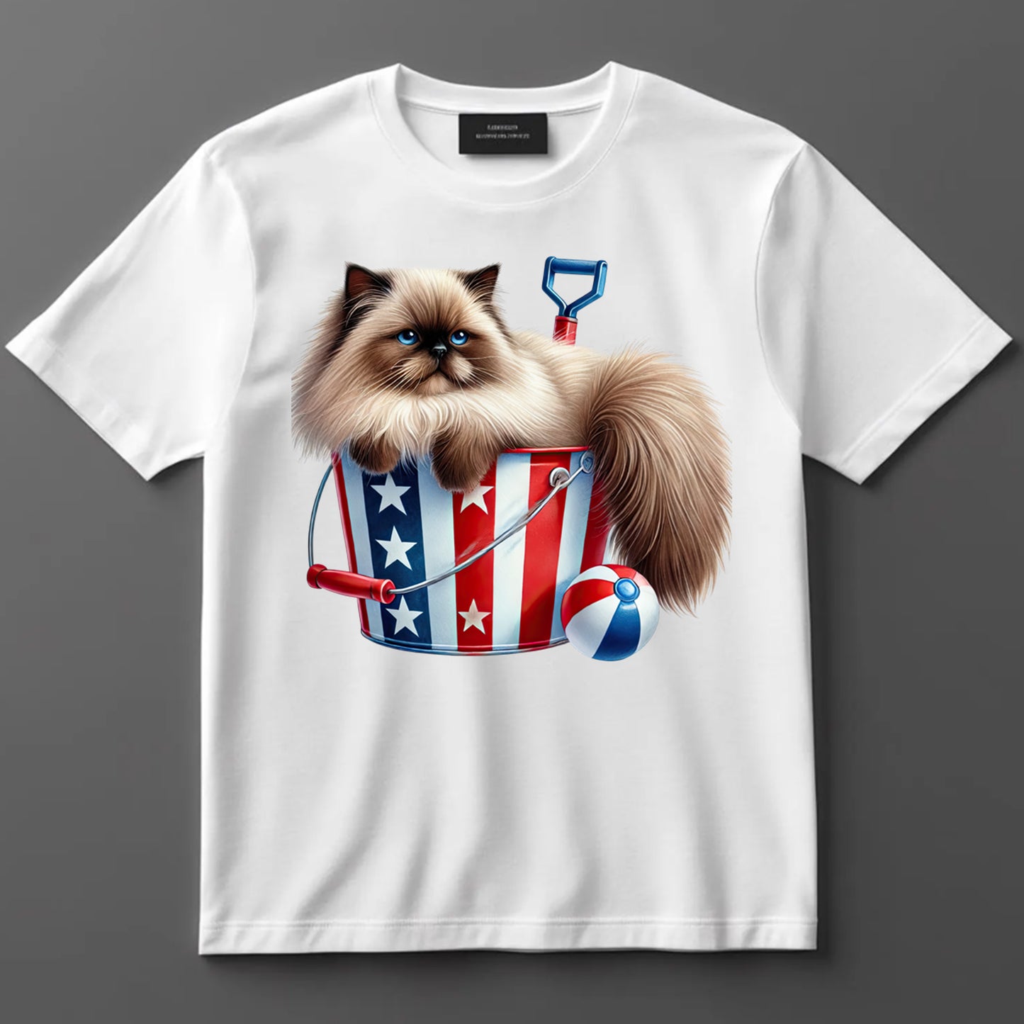 4th Of July DTF Transfer Iron On Heat Transfer - Ready to Press, Fluffy Cat in Patriotic Bucket DTF Transfer 7240