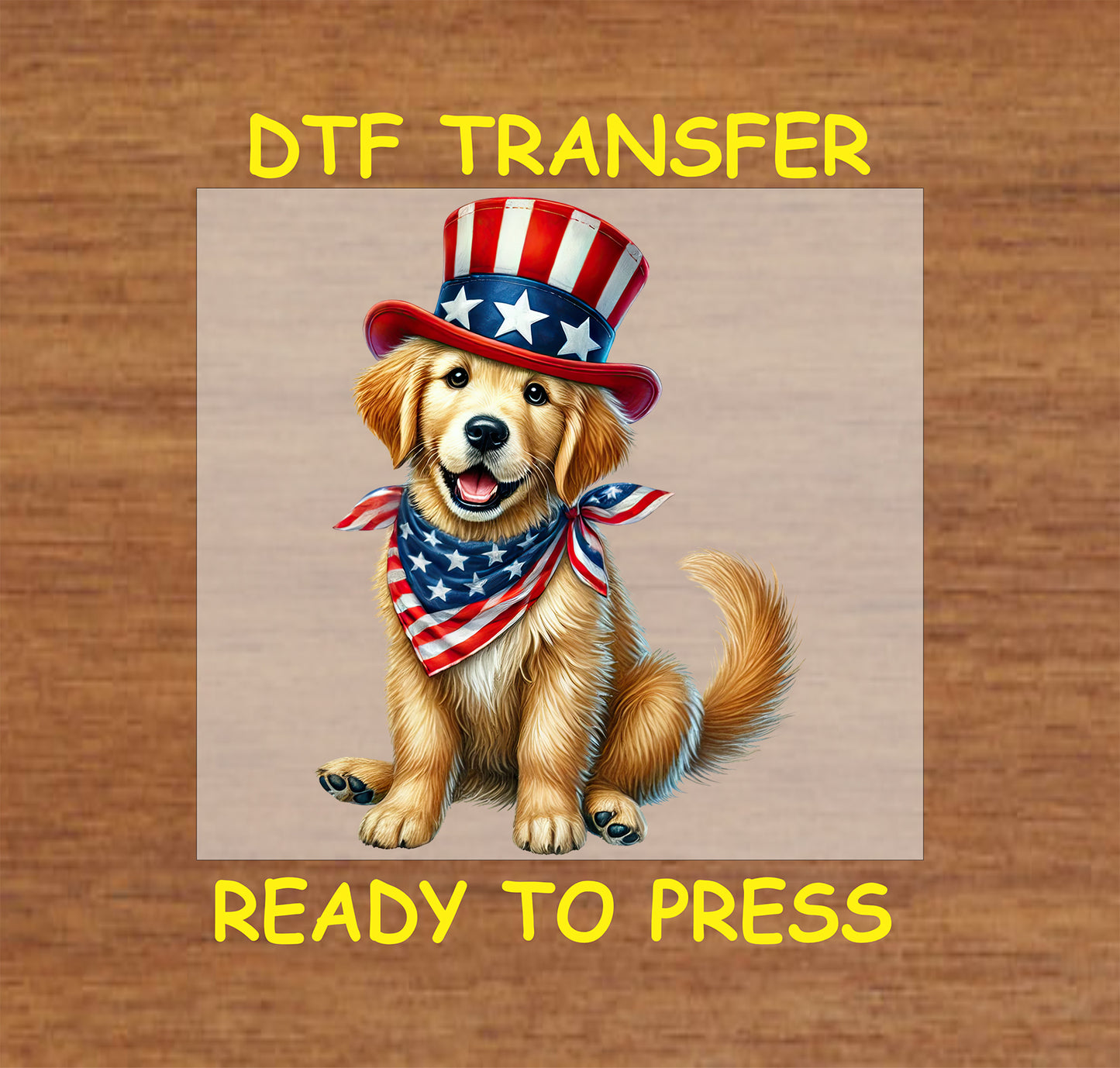 Golden retriever puppy with patriotic top hat and American flag scarf DTF transfer.