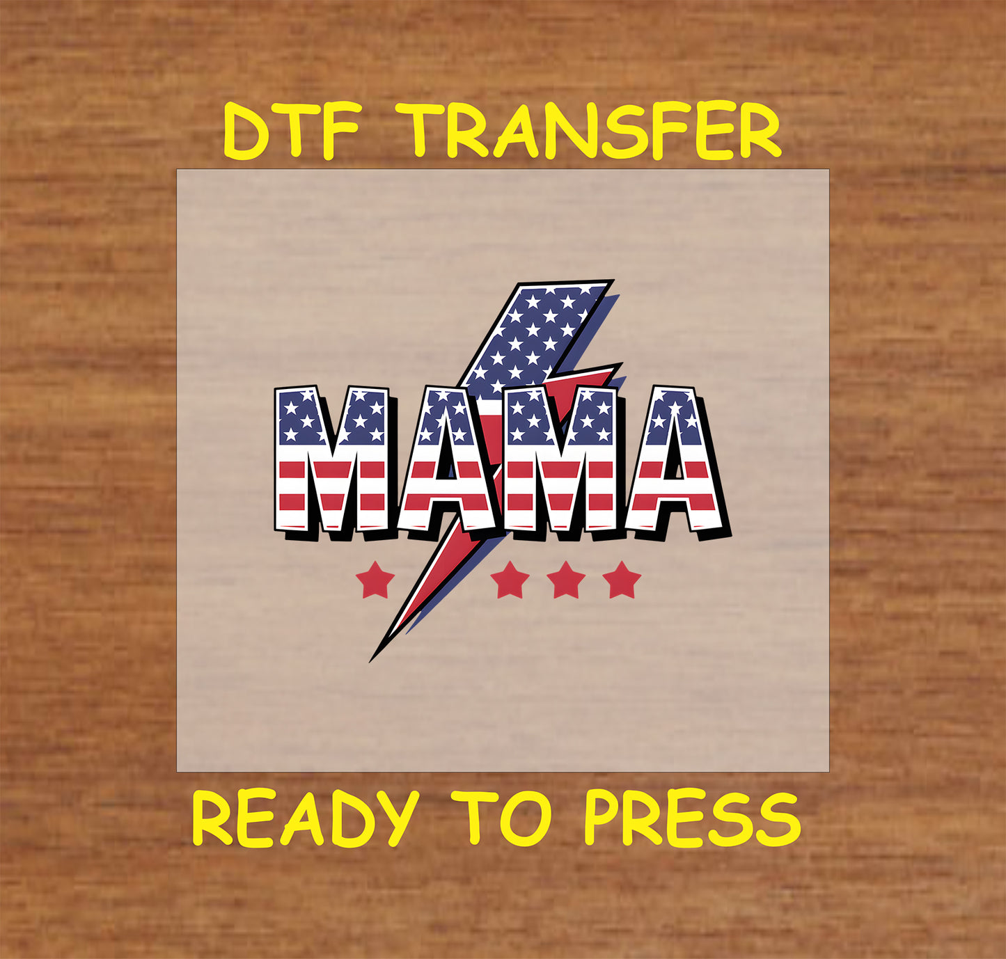MAMA text with stars, stripes, and lightning bolt in patriotic colors DTF transfer.