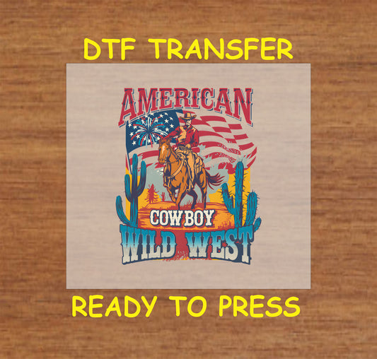 American cowboy on horse with flag, fireworks, and cacti in Western desert scene.