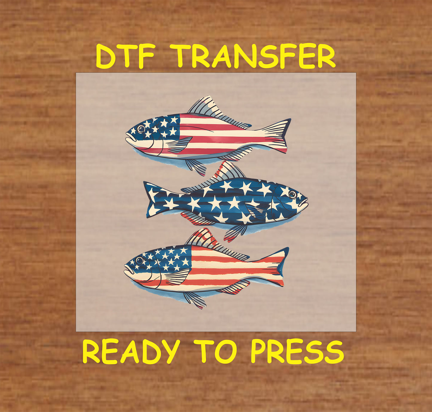 Three patriotic fish with American flag stars and stripes on DTF transfer.