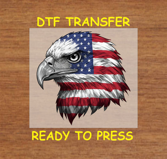 Bald eagle head wrapped in American flag DTF transfer.