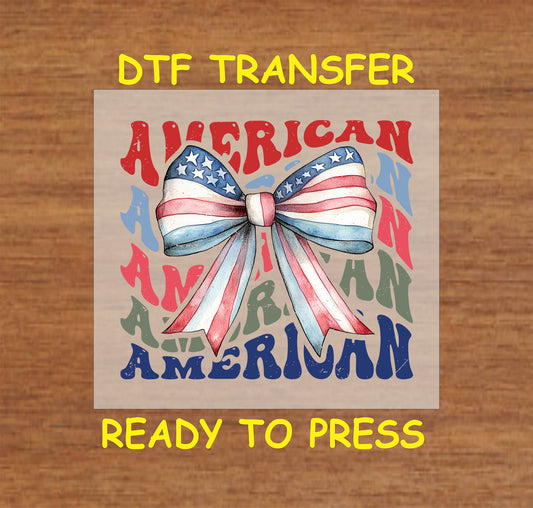 Patriotic bow DTF transfer with multicolor American text background