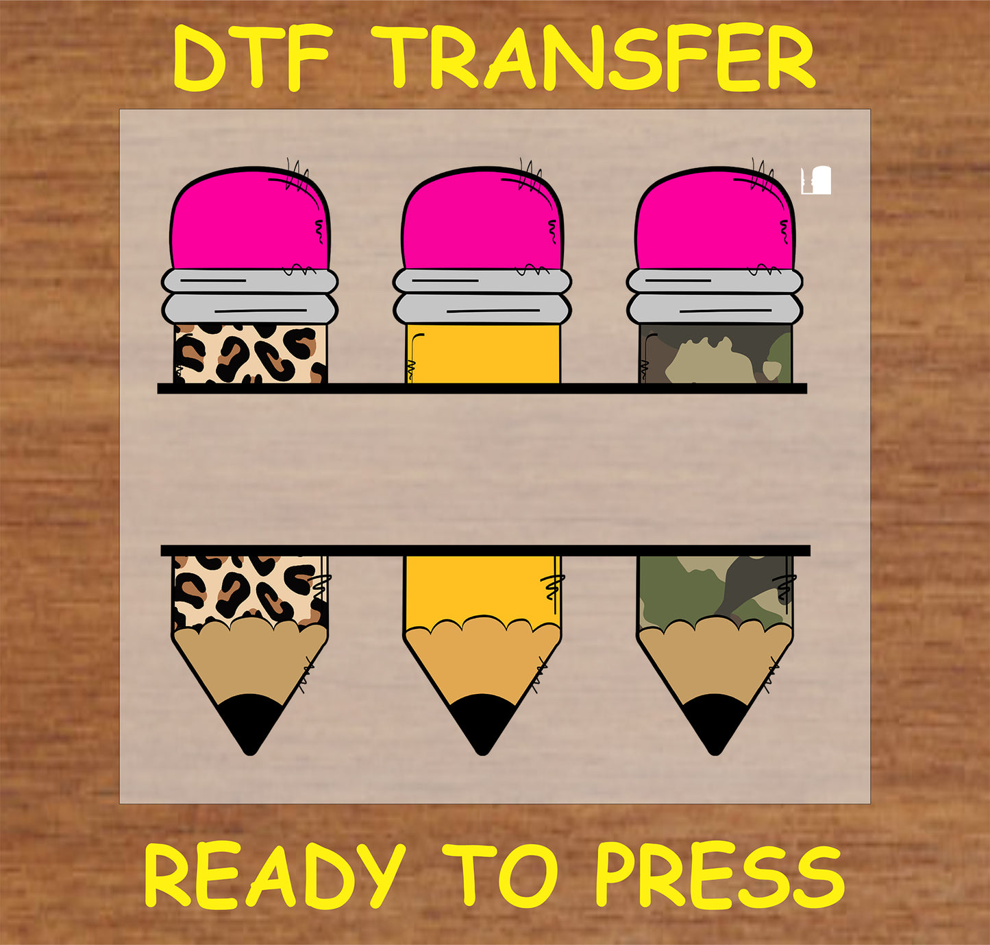 "Pencil Trio DTF Transfer featuring leopard, yellow, and camo pencil designs"