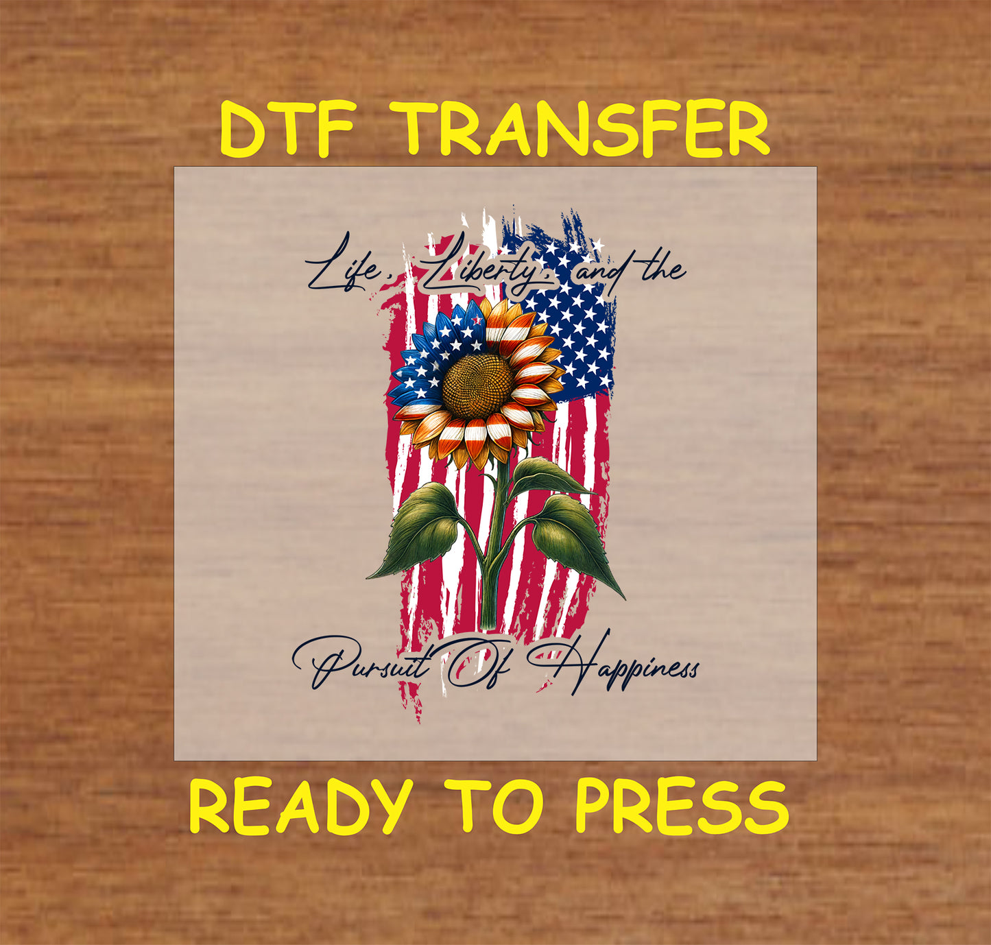Patriotic sunflower with red white blue petals over grunge flag and Life Liberty Happiness text.