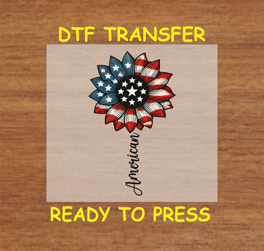 Single patriotic flower with red white blue petals and stars, vertical American text, DTF transfer.