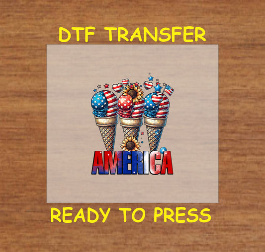 Three patriotic ice cream cones with stars, hearts, and sunflowers above bold America text.