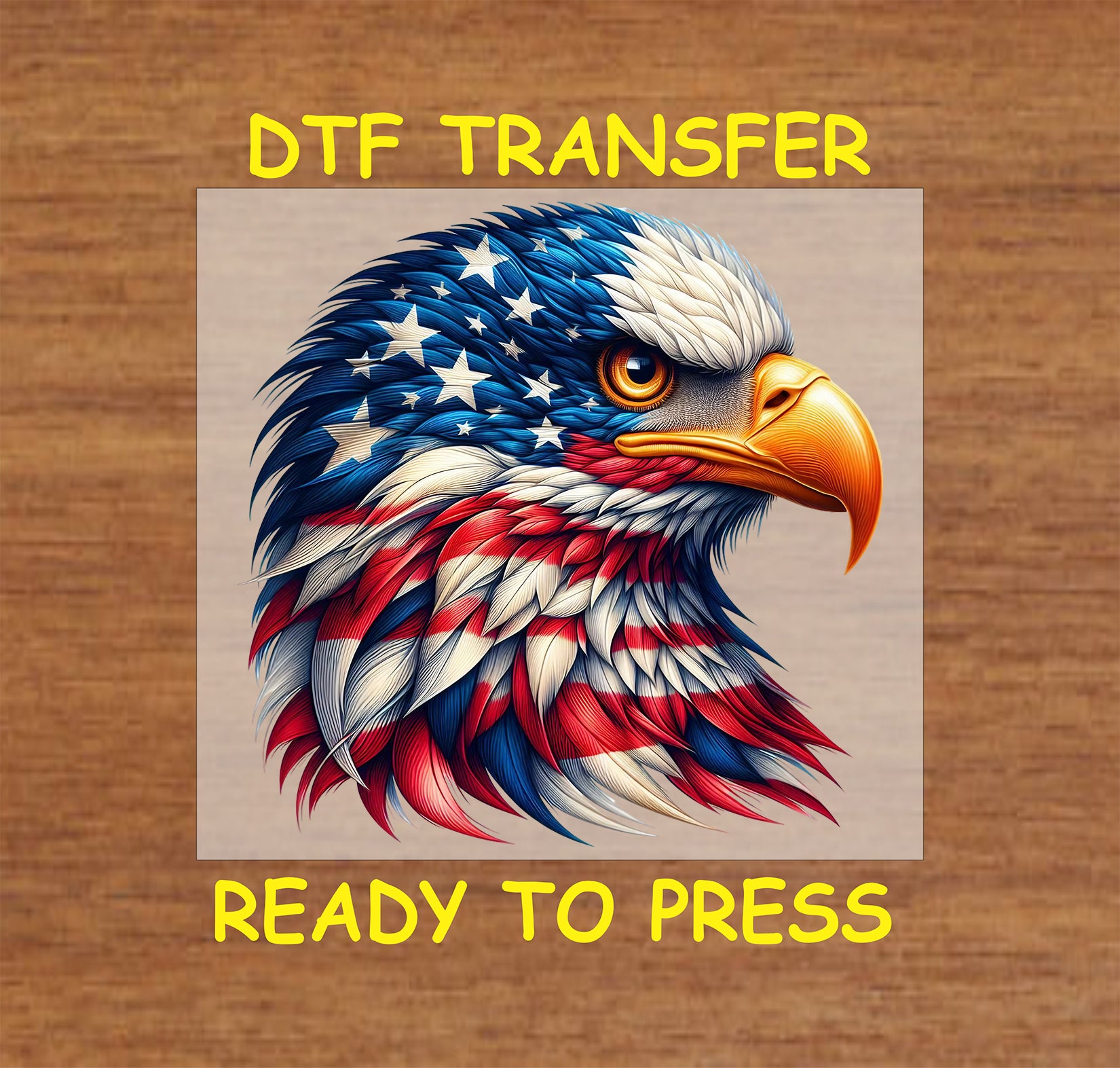Detailed eagle head with red white blue feathers and stars, clean patriotic DTF transfer.
