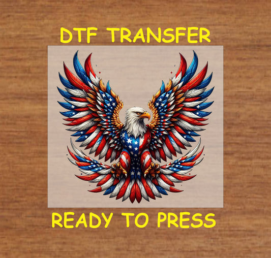 Eagle with wings spread in American flag colors, ready for DTF heat transfer.