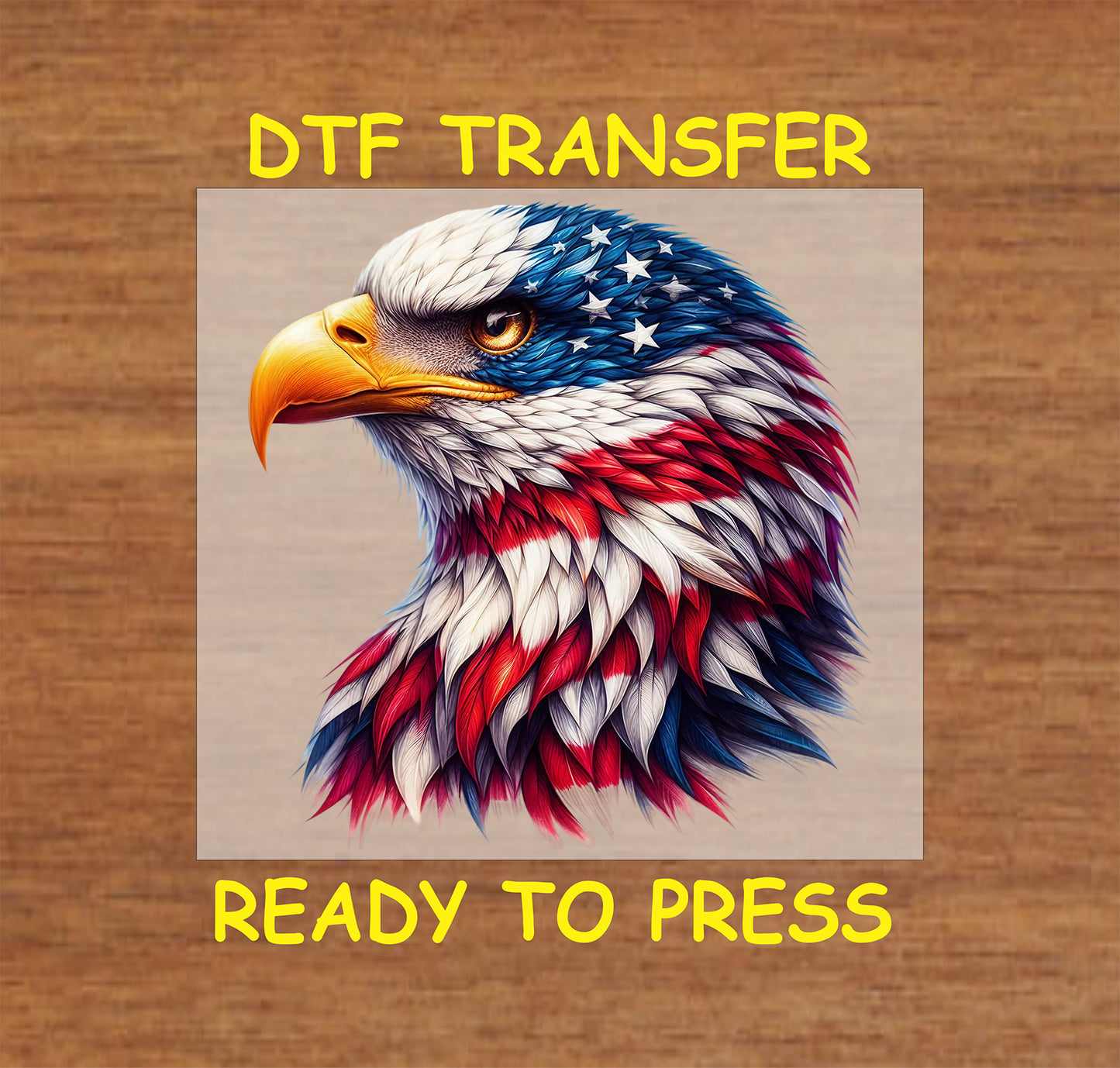 Side view eagle head with red white blue feathers and stars, patriotic DTF transfer.