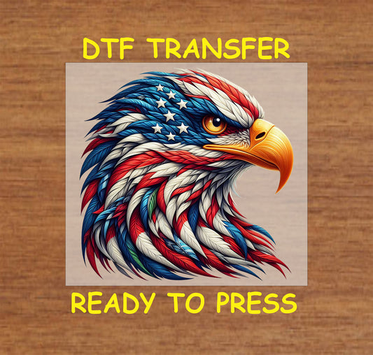 Eagle head with curved red white blue feathers and stars, patriotic DTF transfer.