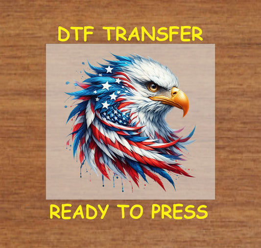 Side view eagle head with red white blue feathers and stars, patriotic DTF transfer.