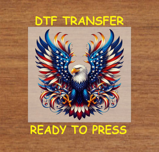 Eagle with spread floral wings in red white blue and stars DTF transfer.