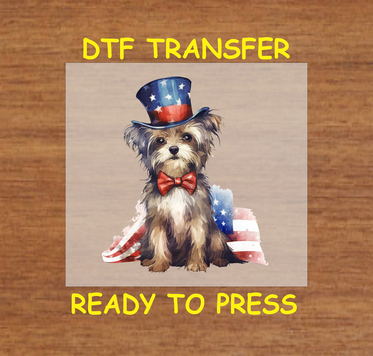 Yorkie with July 4 top hat and bow tie DTF transfer.