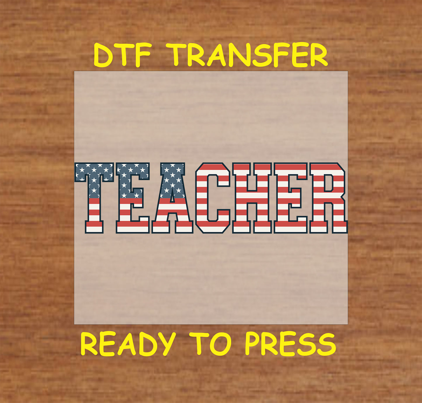 TEACHER text in American flag stars and stripes for 4th of July patriotic DTF transfer.