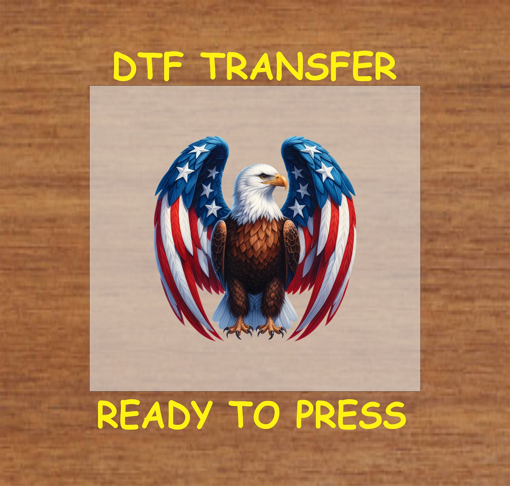 Bald eagle with folded American flag wings featuring red, white, blue feathers and stars for 4th of July DTF transfer.