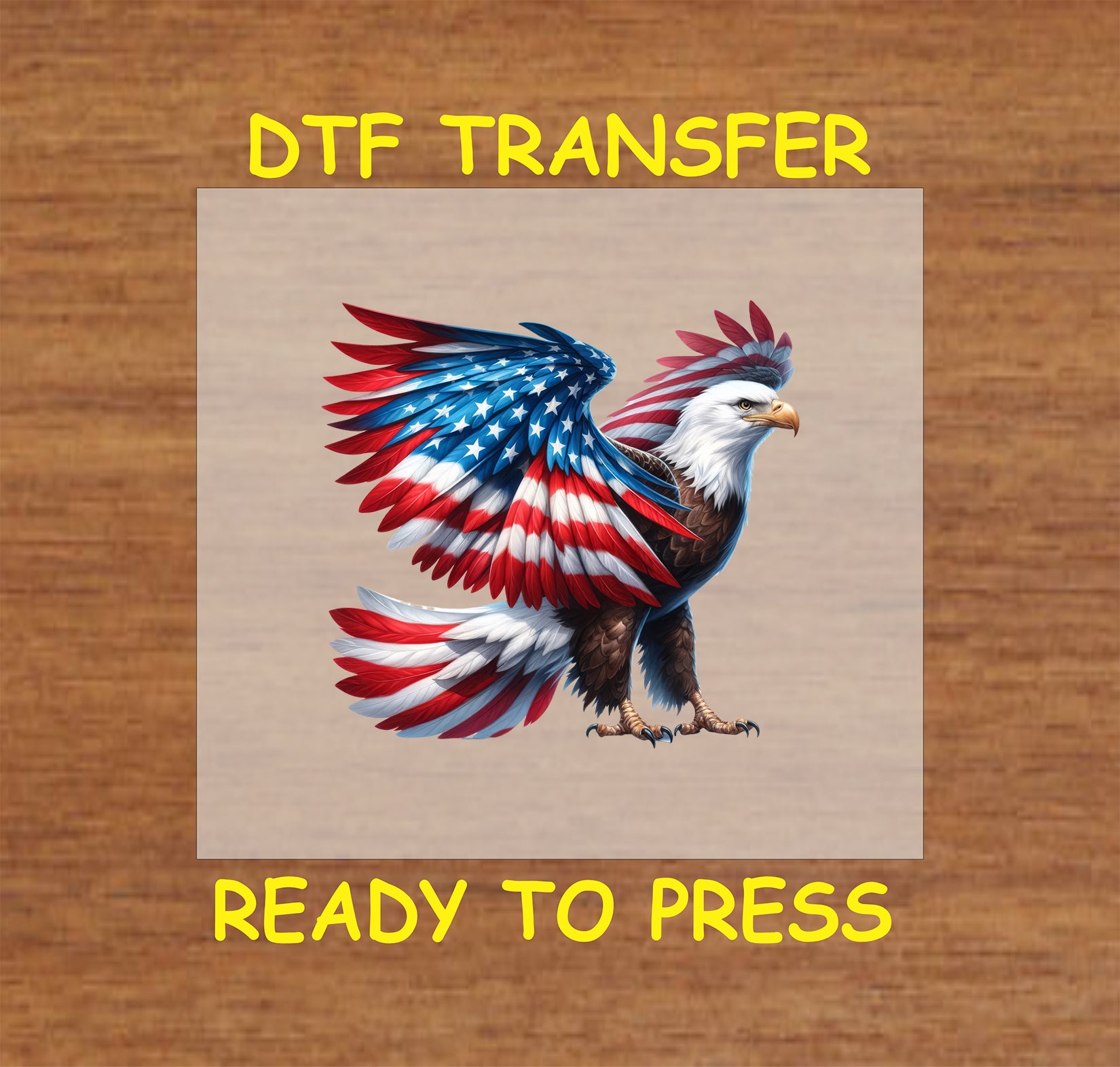 Side view bald eagle with wide American flag wings in red, white, and blue for 4th of July DTF transfer.