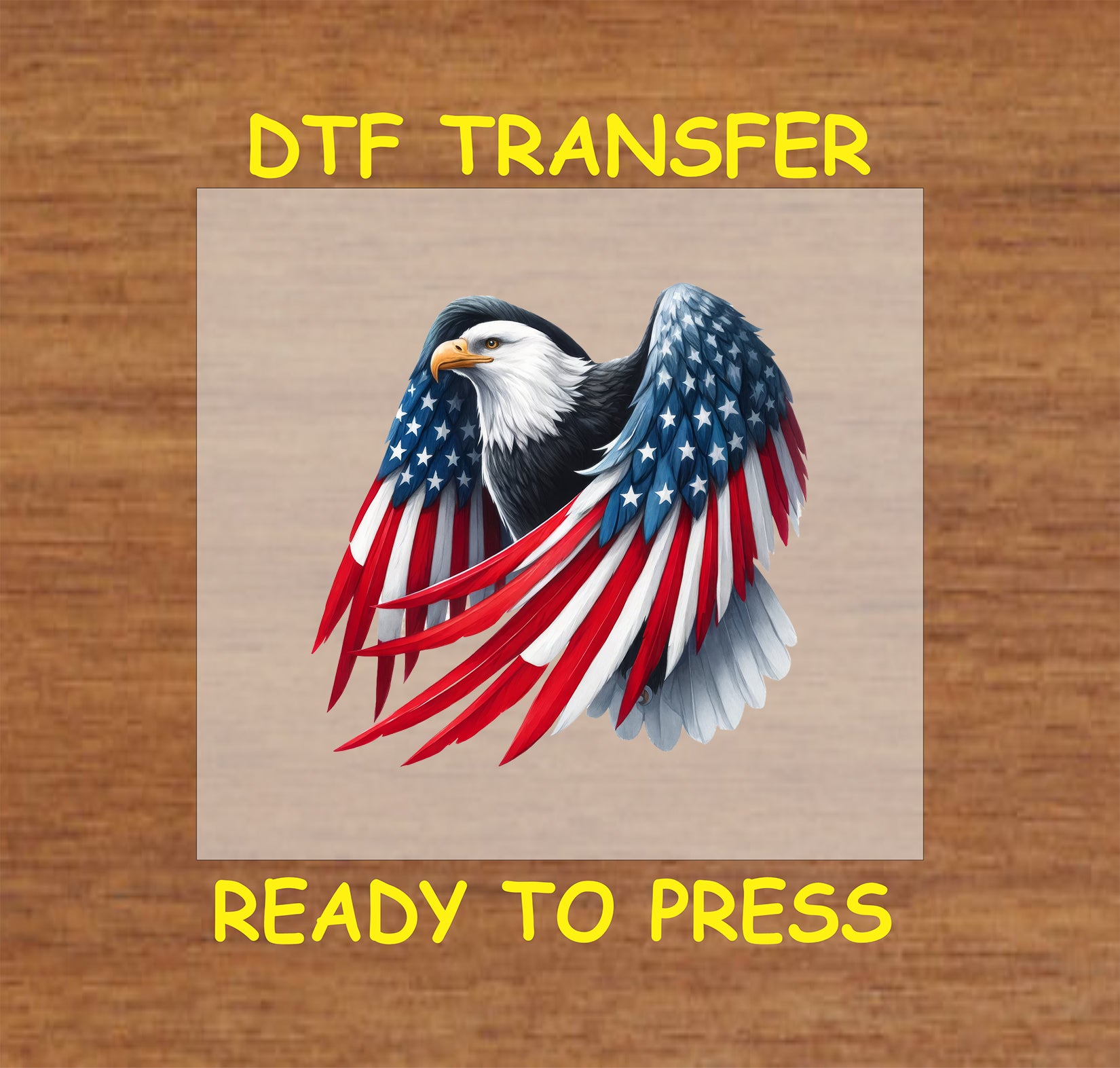 Front-facing bald eagle with crossed American flag wings in red, white, and blue for 4th of July DTF transfer.