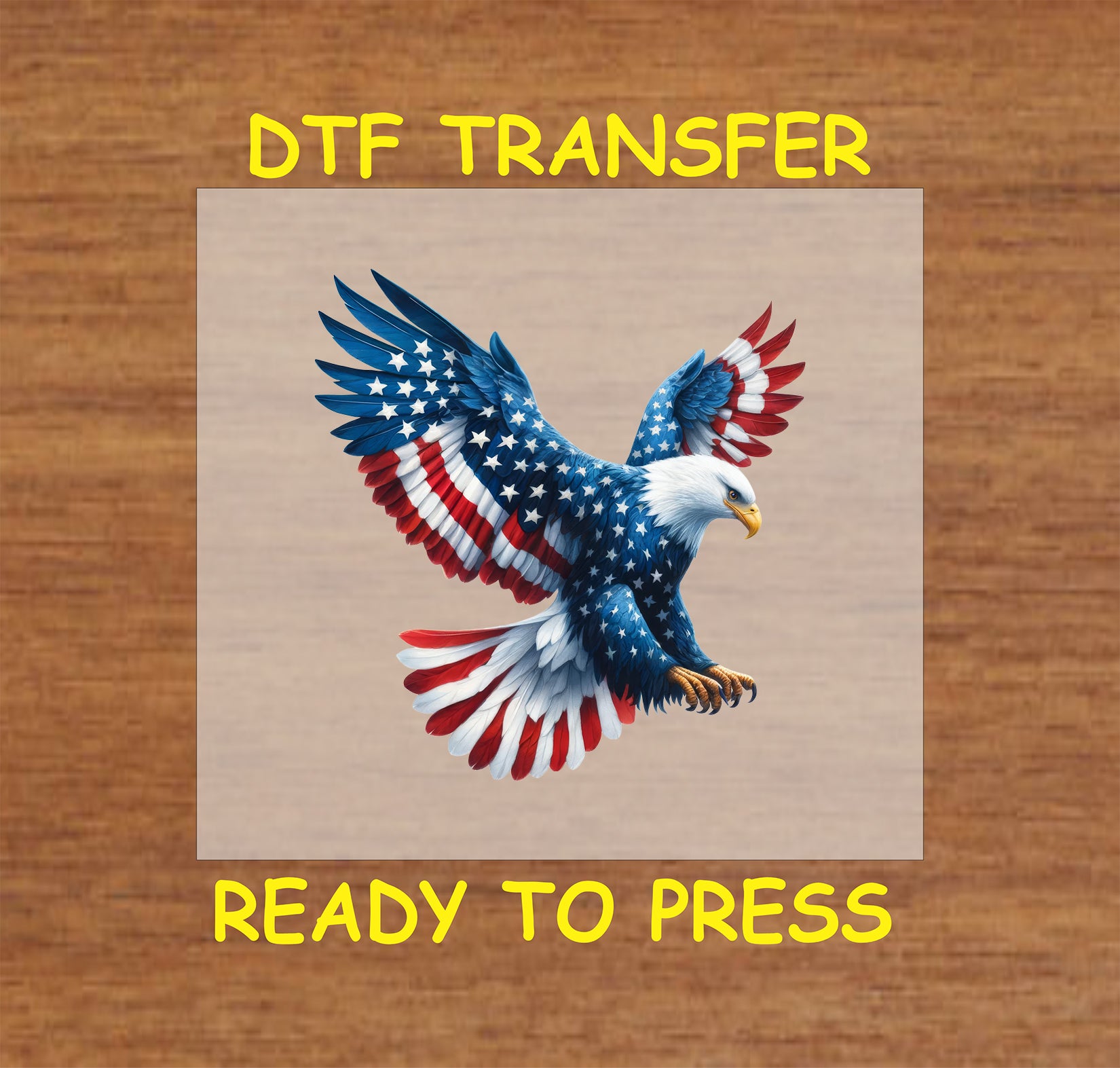 Bald eagle mid-flight with full American flag wrap over wings and body for 4th of July DTF transfer.