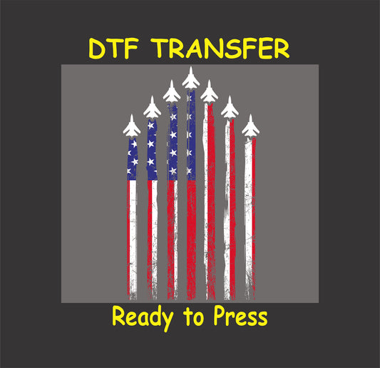 Jet silhouettes forming a distressed American flag pattern.