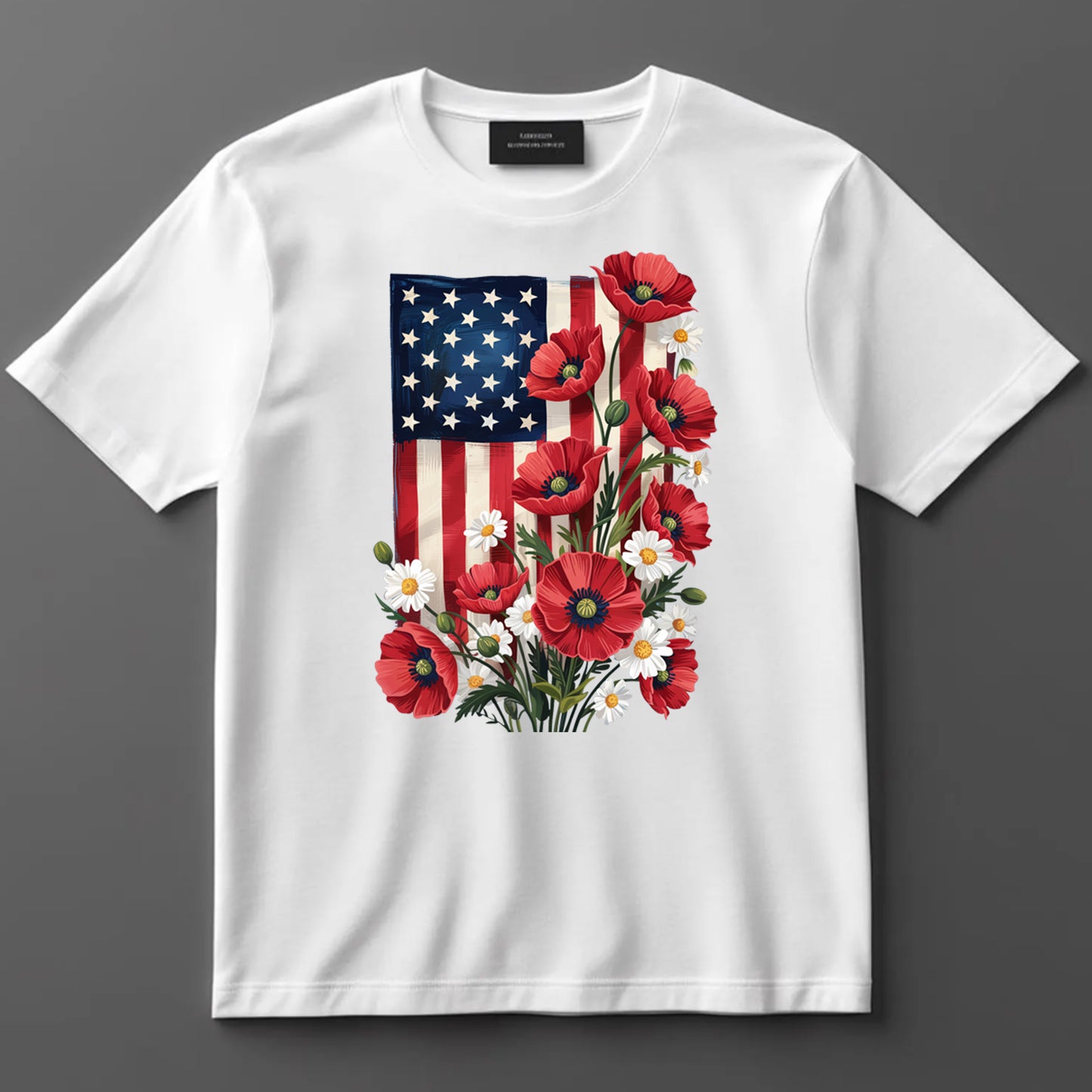 4th Of July DTF Transfer Iron On Heat Transfer - Ready to Press, American Flag with Poppies DTF Transfer 7404