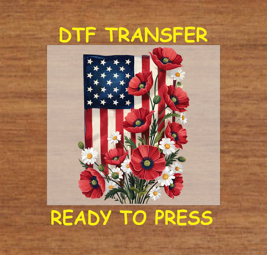 American flag with red poppies and white daisies.